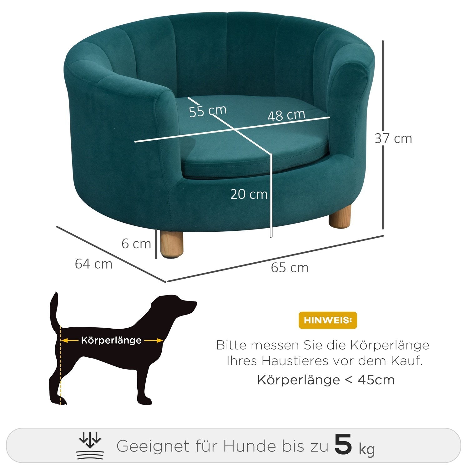 Hundeseng Elegant hundesofa med blødt betræk og træben, 65x64x37 cm