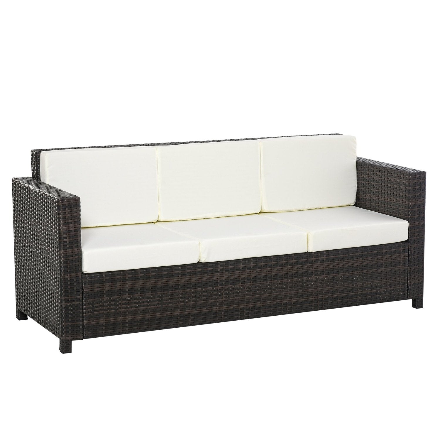 Poly Rattan Trädgårdslounge Soffa 3-Sits Med Kuddar, Metallpolyester, Brun+Vit, 185 X 70 X 80 Cm