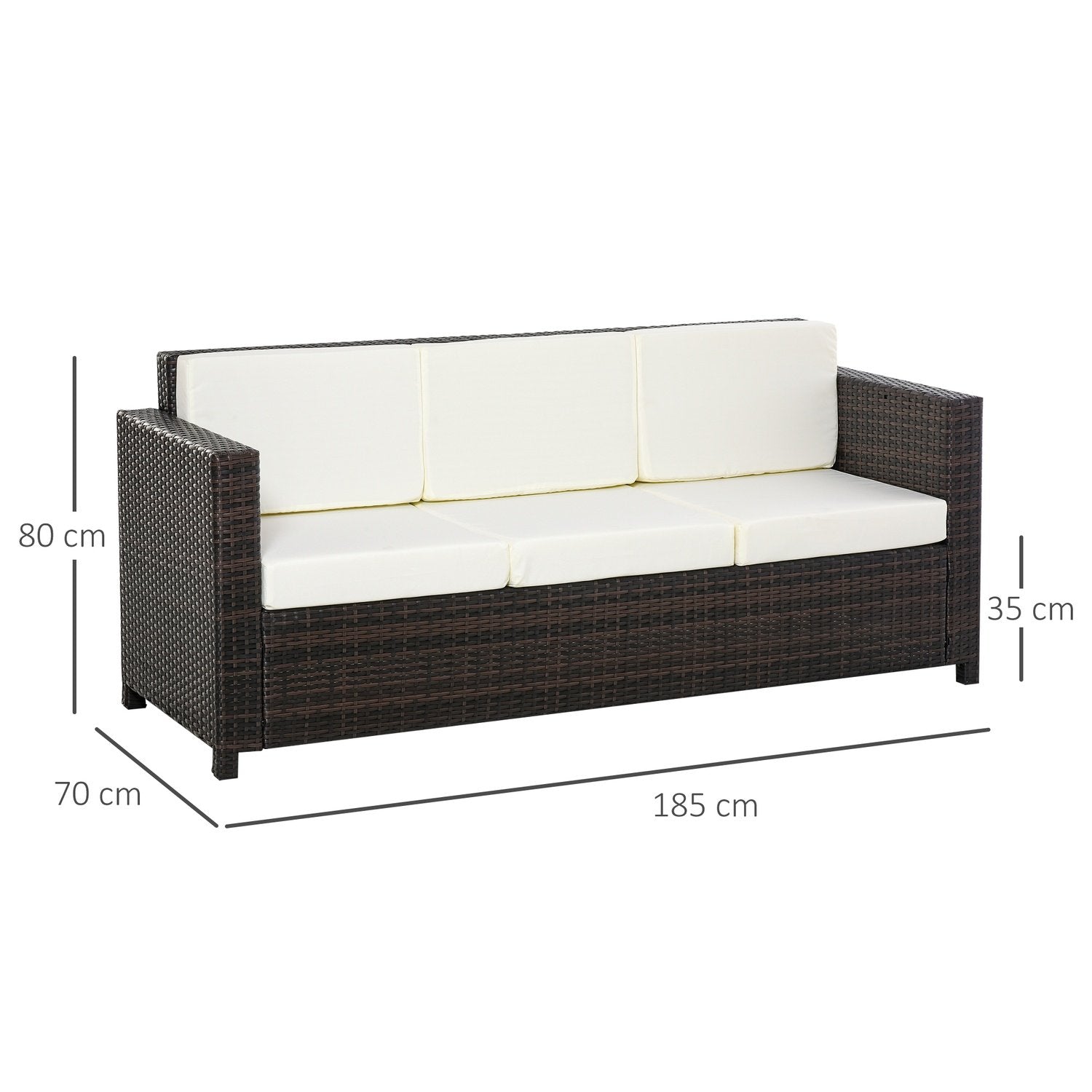 Poly Rattan Trädgårdslounge Soffa 3-Sits Med Kuddar, Metallpolyester, Brun+Vit, 185 X 70 X 80 Cm