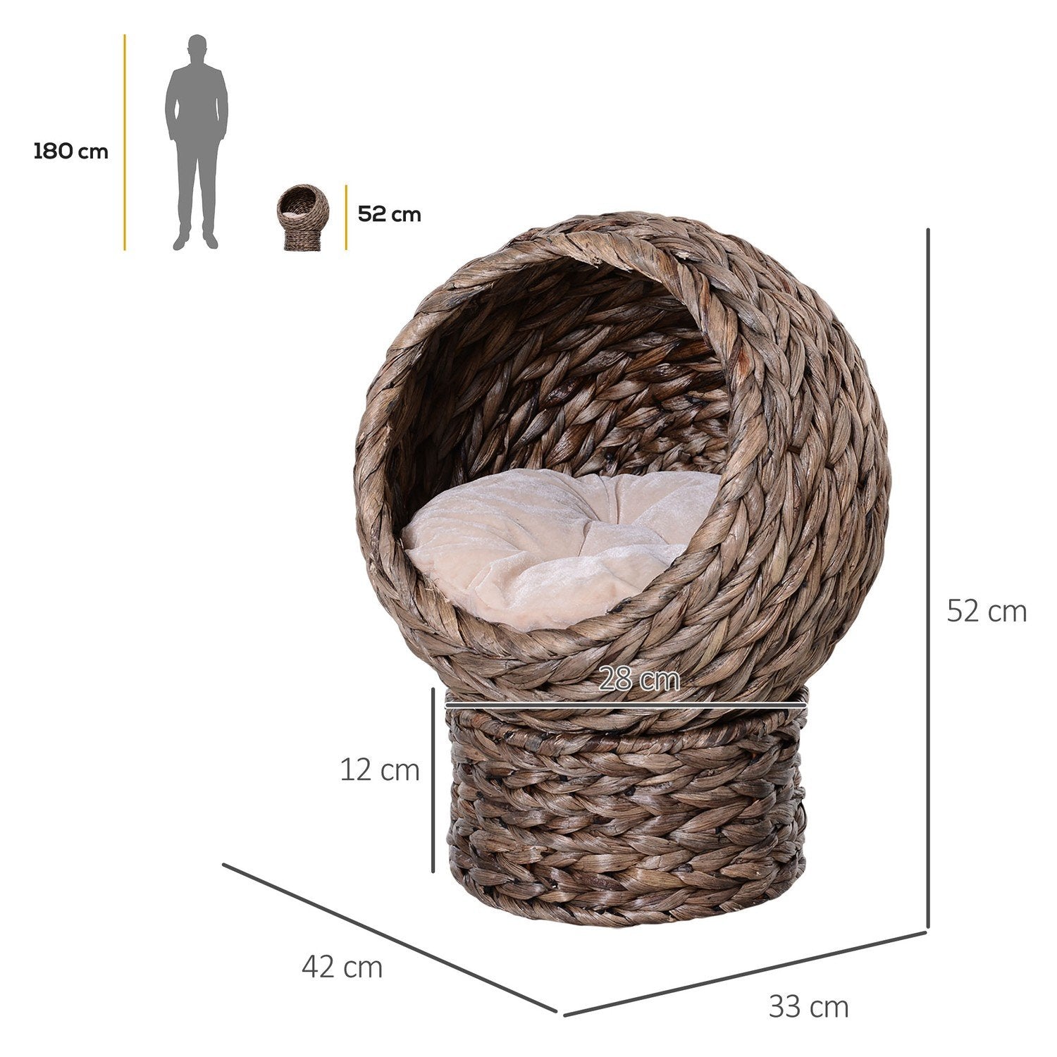 Rattan Cat Basket Mysig Kattgrotta Med Kudde, Husdjurssäng Gjord Av Vattenhyacint, Mörkbrun, 42X33X52Cm