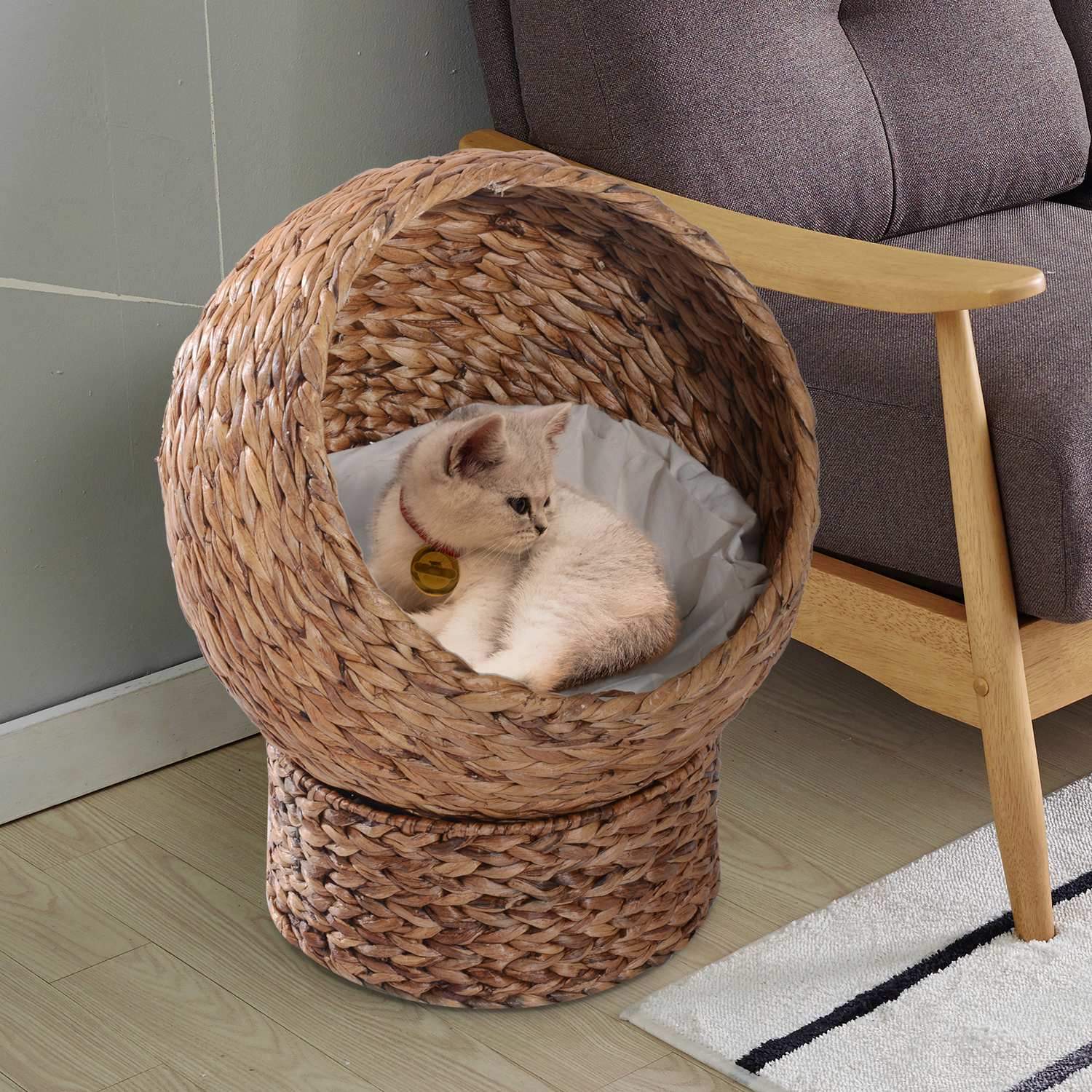 Rattan Cat Basket Komfortabel katteseng med pude, vandhyacint kæledyrsseng, lysebrun, 42X33X52Cm