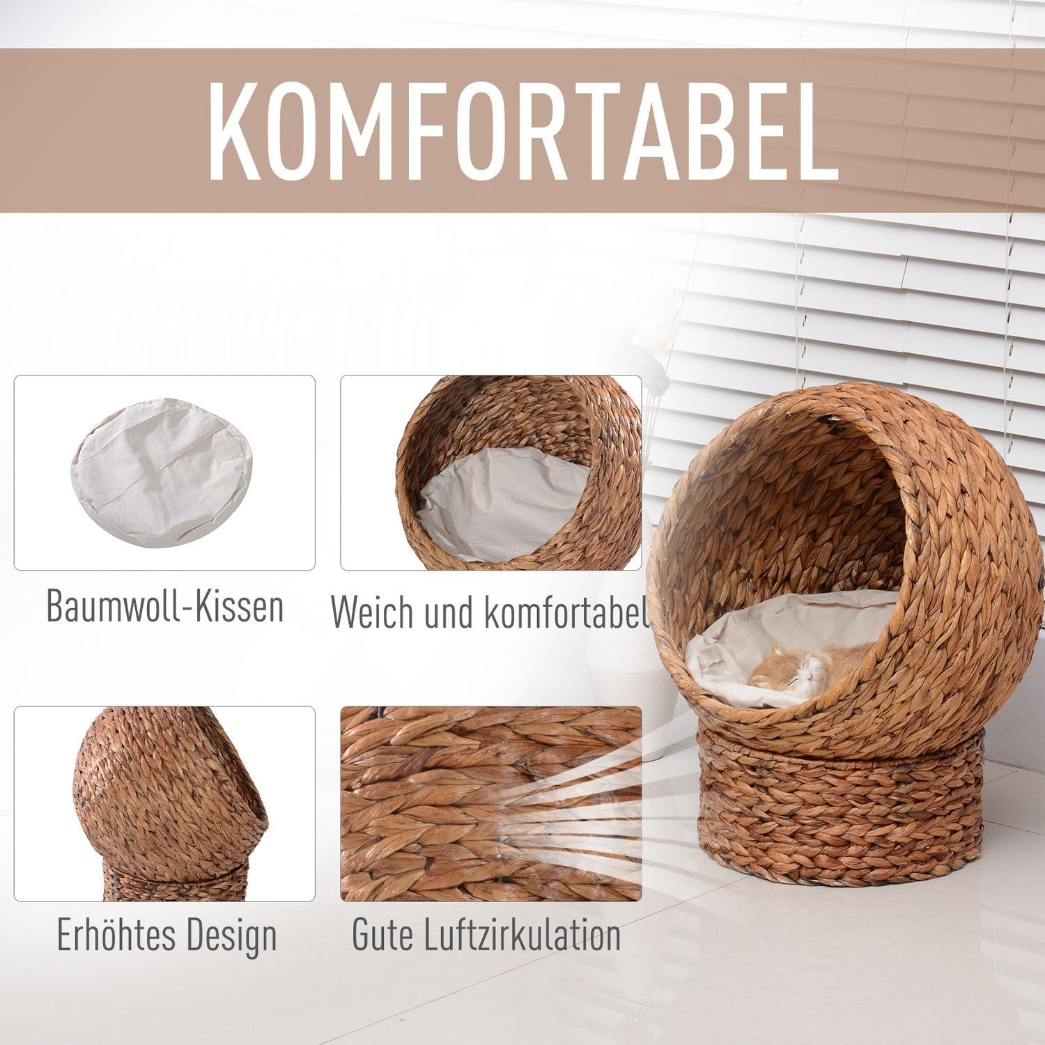 Rattan Cat Basket Komfortabel katteseng med pude, vandhyacint kæledyrsseng, lysebrun, 42X33X52Cm