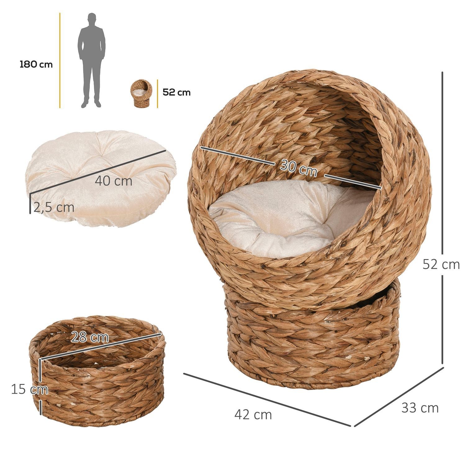 Rattan Cat Basket Komfortabel katteseng med pude, vandhyacint kæledyrsseng, lysebrun, 42X33X52Cm