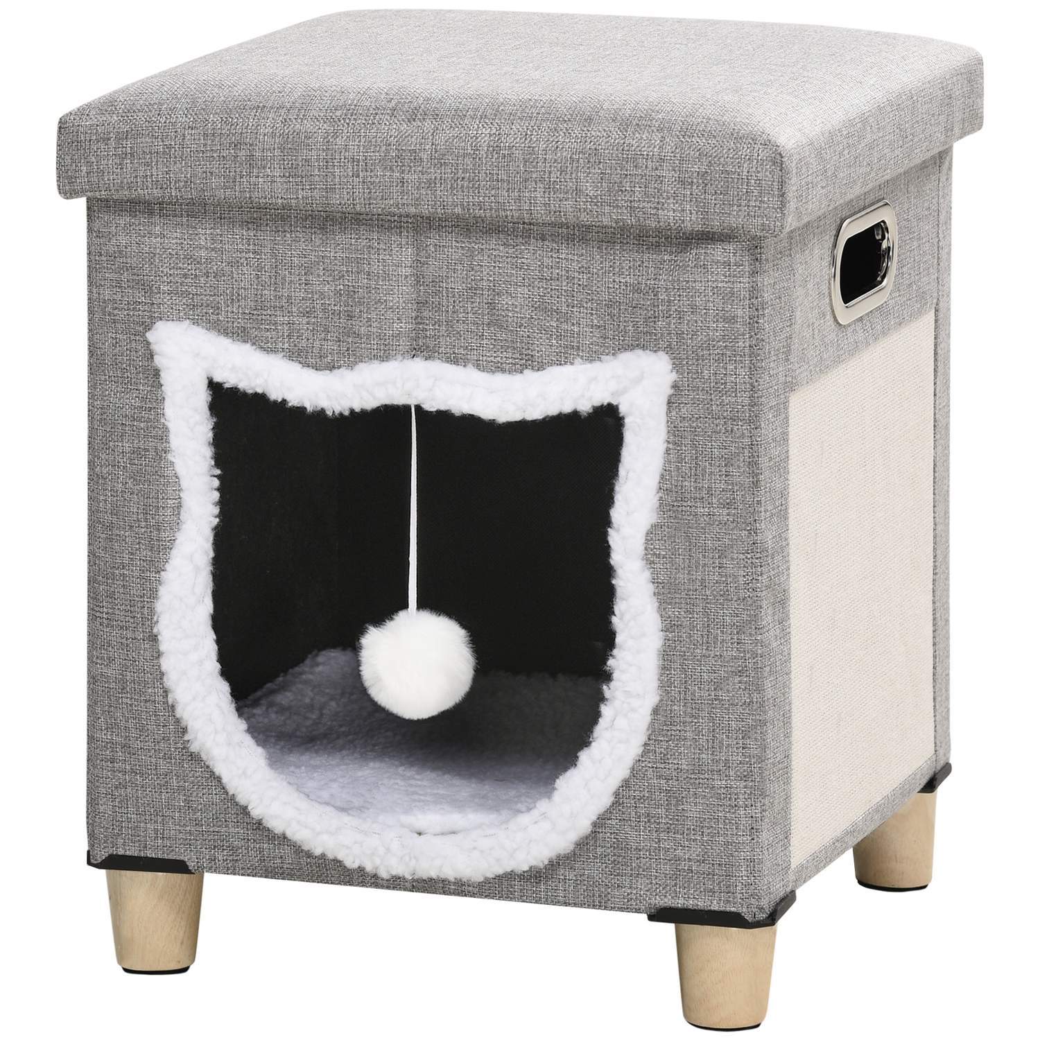 Cat Cave Ottoman Med Kudde Och Repmatta Spelboll Anti-Slip Grå Polyester För Katter