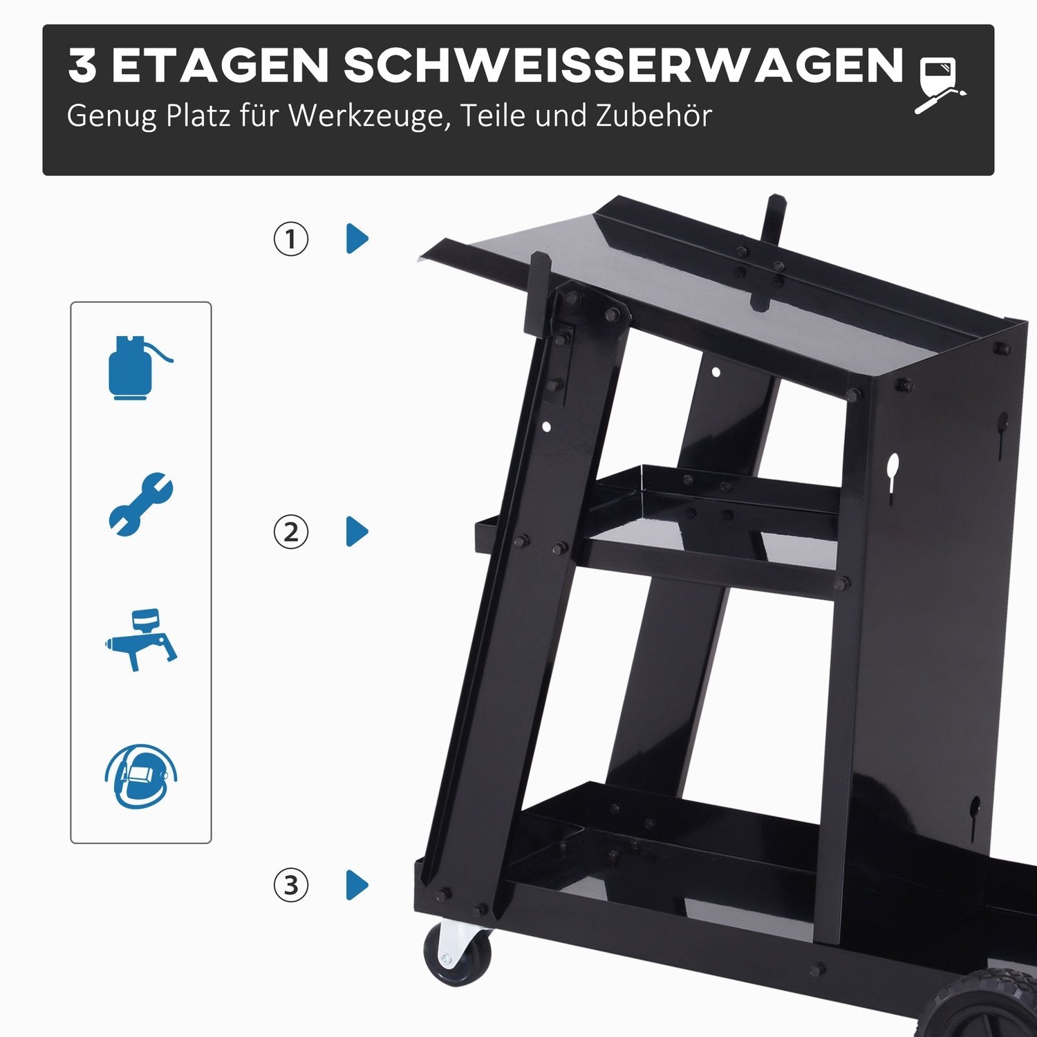 Svejsevogn, Svejsemaskinevogn med 3 hylder, Gasflaskevogn, Sikkerhedskæde, Sort, 71X39X70 Cm