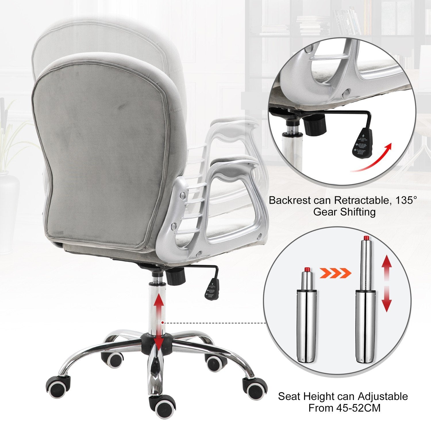 Skrivebordsstol Ergonomisk kontorstol med polstret ryglæn, Grå, 59,5X60,5X95-105 cm