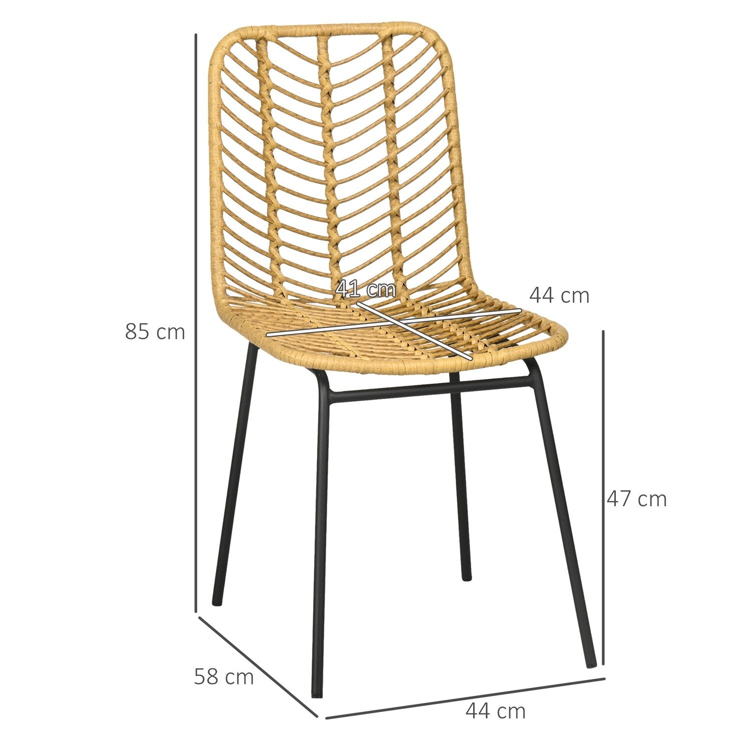 Spisestuestolesæt af 2 køkkenstole med ryglæn i rattanlook, stål, gul, 44X58X85Cm til spisestue og stue