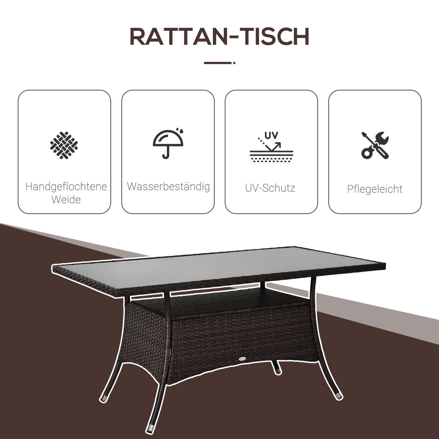 Spisebord Havebord Glasbord Polyrattan + Sikkerhedsglas Brun + Sort 150X85X74Cm