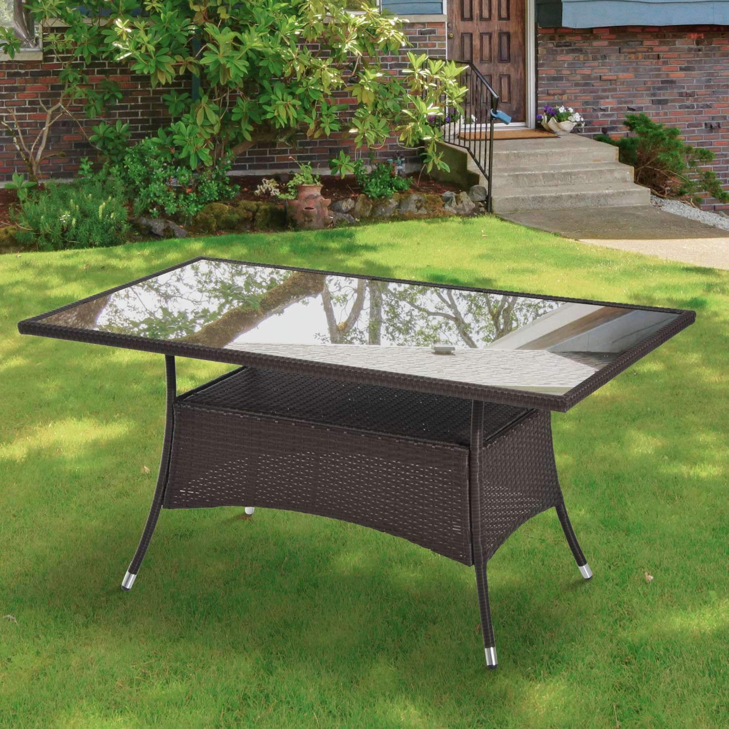 Spisebord Havebord Glasbord Polyrattan + Sikkerhedsglas Brun + Sort 150X85X74Cm