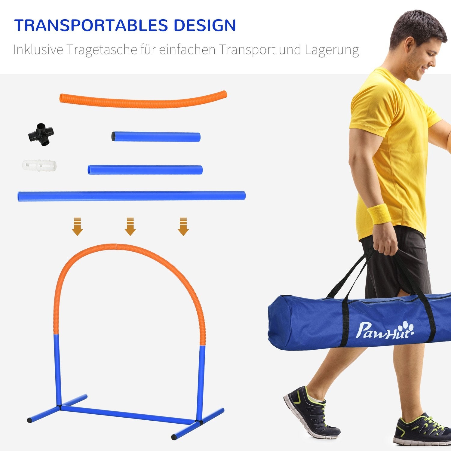 Hundeagility-træningsudstyr, Hundeagility-sæt, 4-delt hundetræningssæt med bæretaske, blå + orange, 88 x 64 x 95 cm