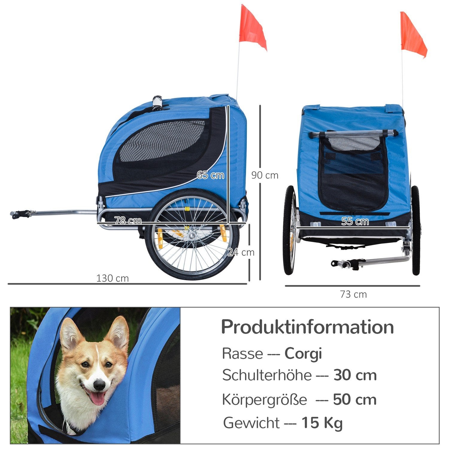 Hundetrailer Cykeltrailer Hundetransport, Hundecykeltrailer, Blå+Sort, 130X73X90Cm