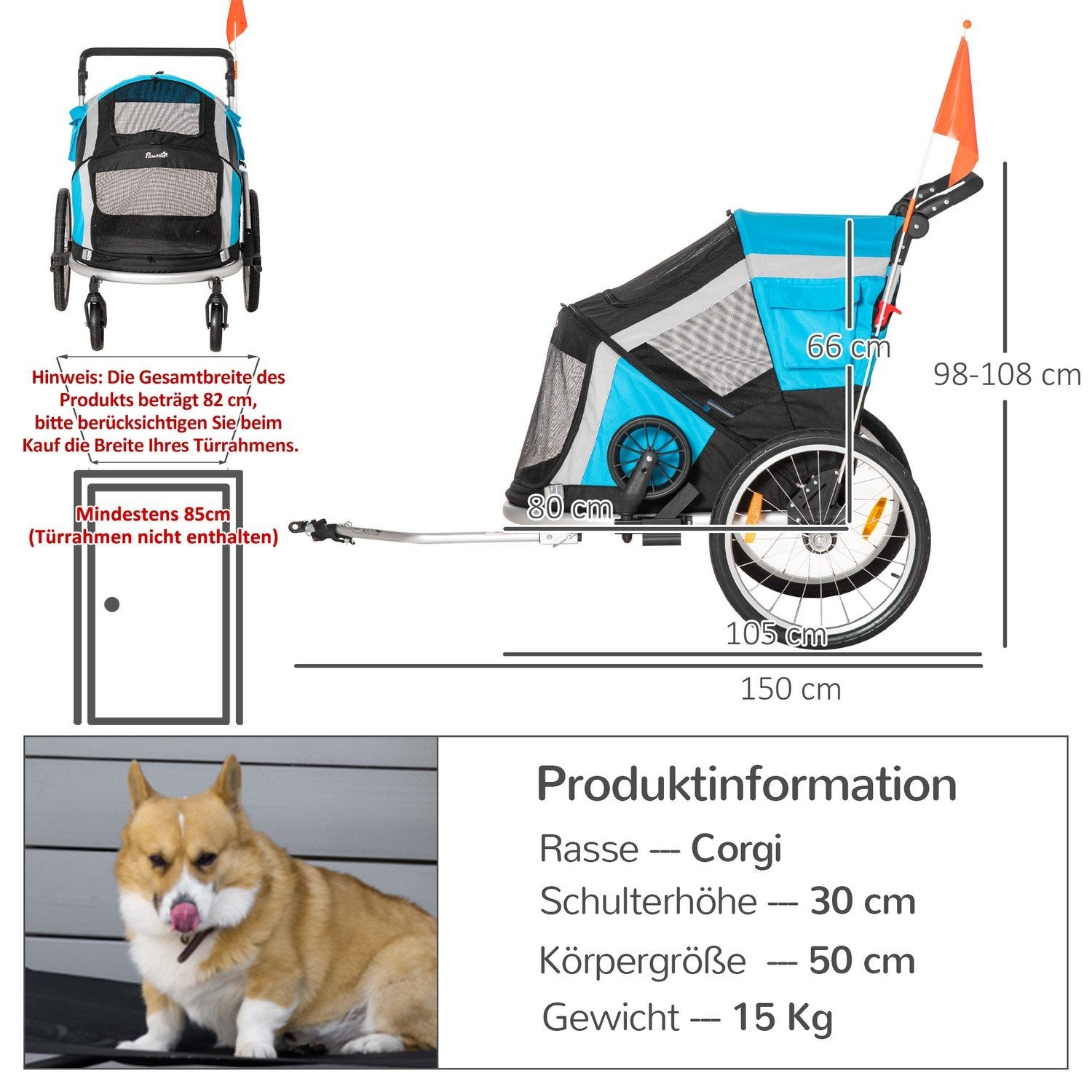 Hundsläp Fällbar 2-I-1 Cykelsläp & Hundtransporter För Husdjur, Oxford Tyg, Metall, Blå+Silver, 150X82X108Cm