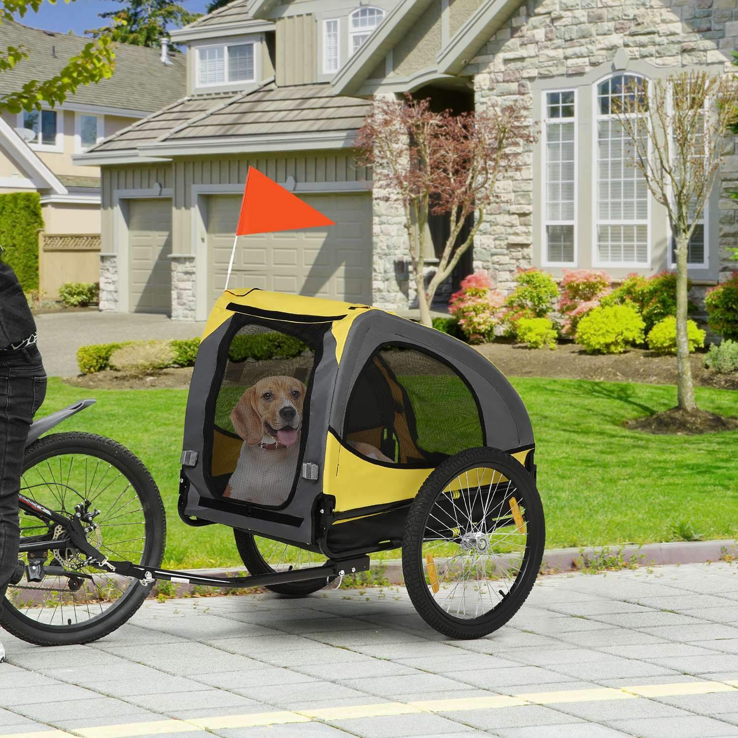 Hundsläp, Hopfällbar Cykelvagn Med Nätfönster, Reflexer, Flagga, Snabbkoppling, Oxfordduk, Stål, Gul, 140 X 71 X 83 Cm