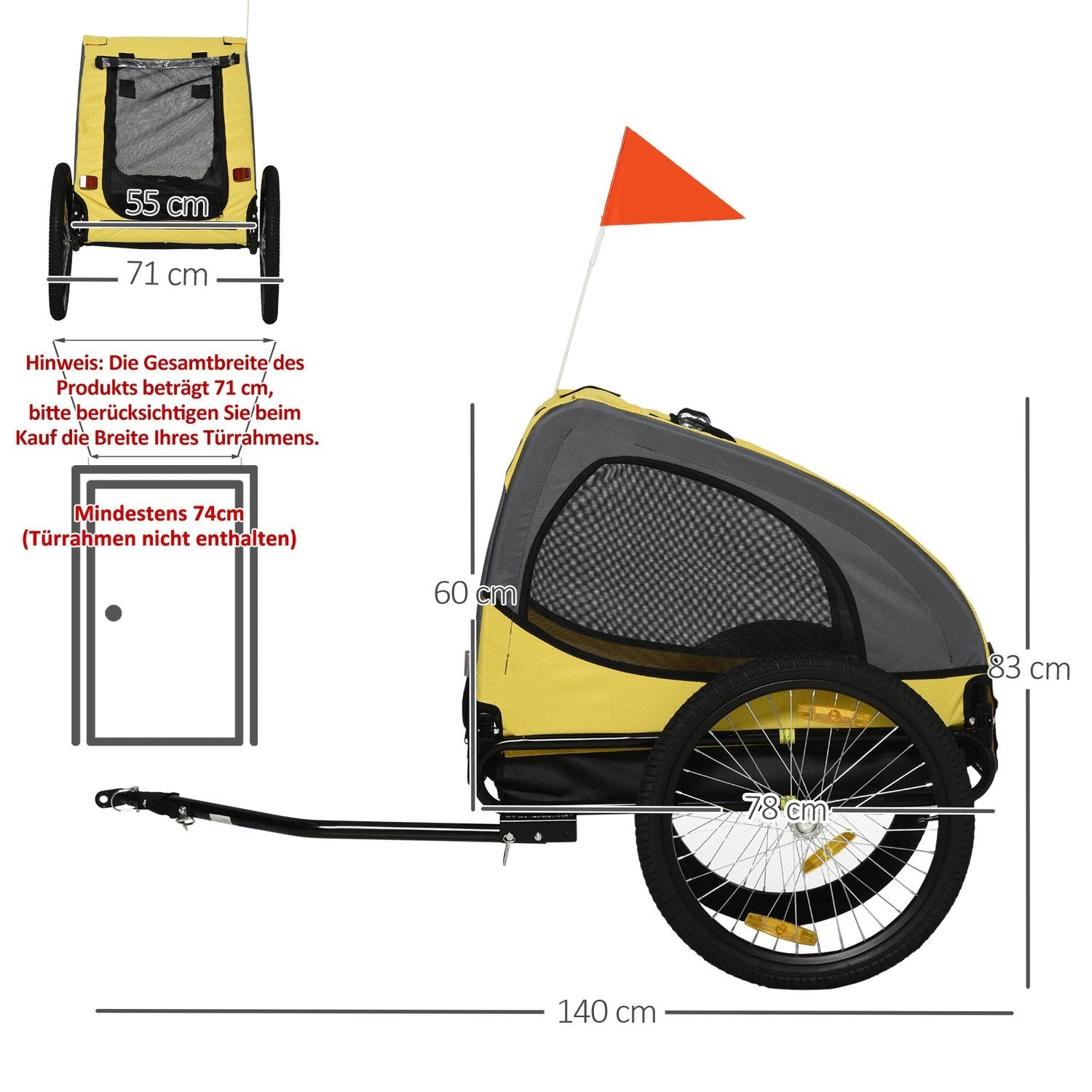 Hundsläp, Hopfällbar Cykelvagn Med Nätfönster, Reflexer, Flagga, Snabbkoppling, Oxfordduk, Stål, Gul, 140 X 71 X 83 Cm