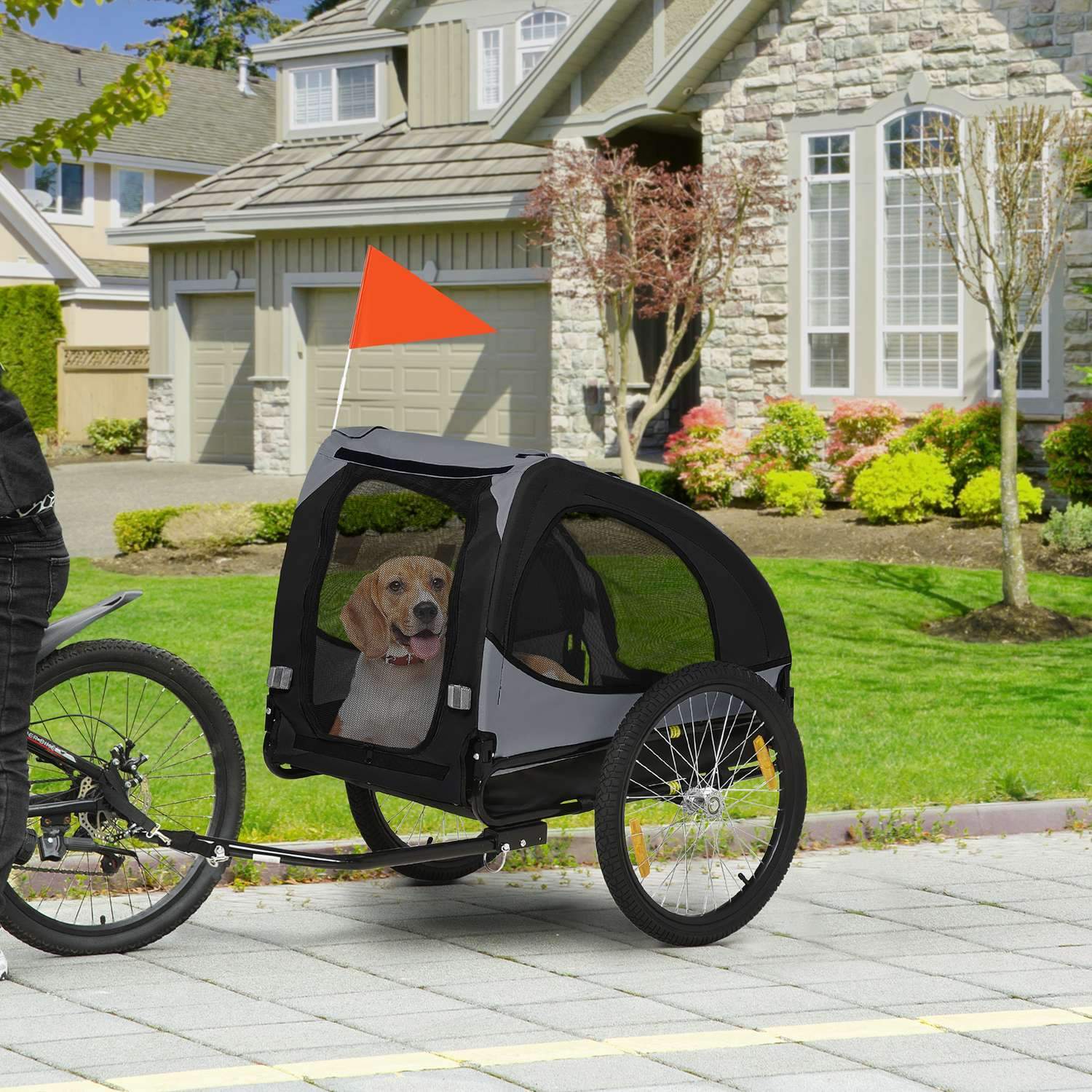 Hundsläp Hopfällbar Cykelsläp Med Meshfönster, Reflektorer & Flagga, Snabbkoppling, Tillverkad Av Oxford Tyg & Stål, Svart, 140X71X83Cm