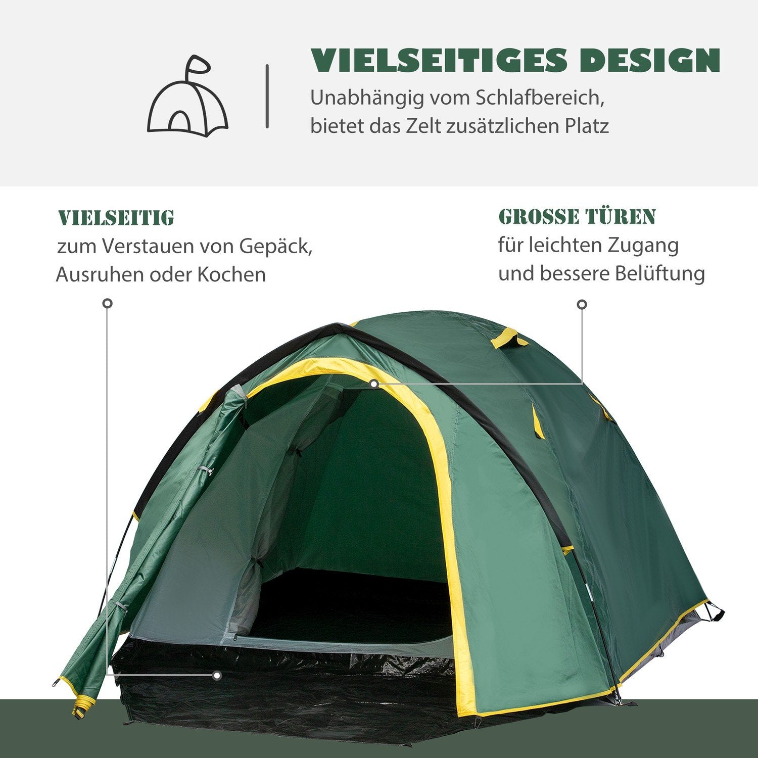 Dome Tält 2-3 Personer 190T Glasfiber Polyester Grön+Gul 325X183X130Cm Pinnar