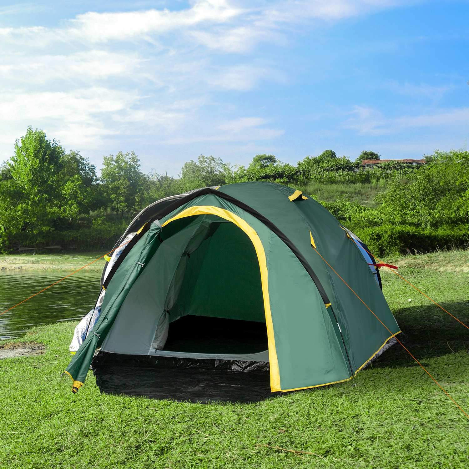 Dome Tält 2-3 Personer 190T Glasfiber Polyester Grön+Gul 325X183X130Cm Pinnar