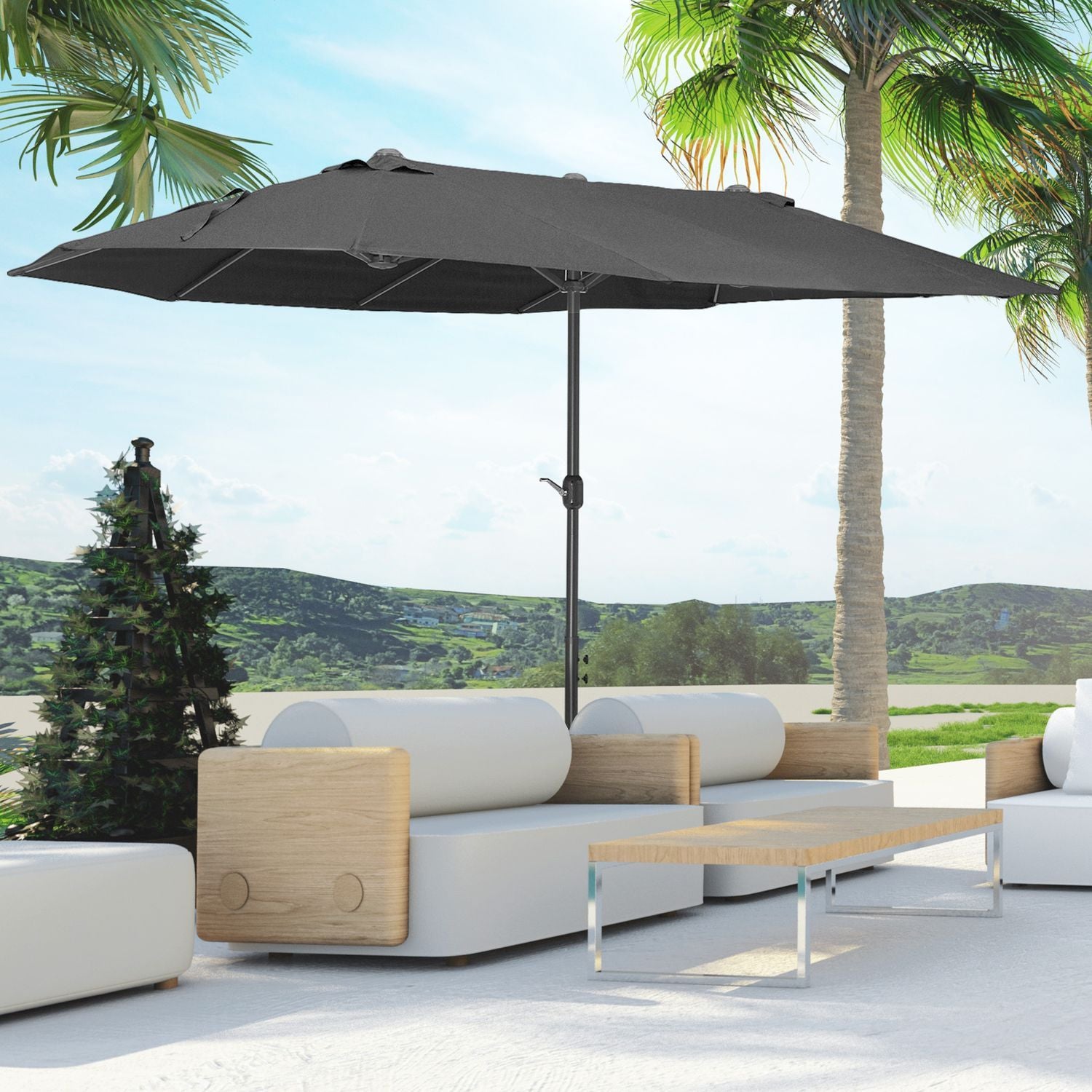 Parasol Have Paraply Market Paraply Dobbelt Parasol Patio Paraply Med Håndsving Sort Oval 460 X 270 X 240 Cm