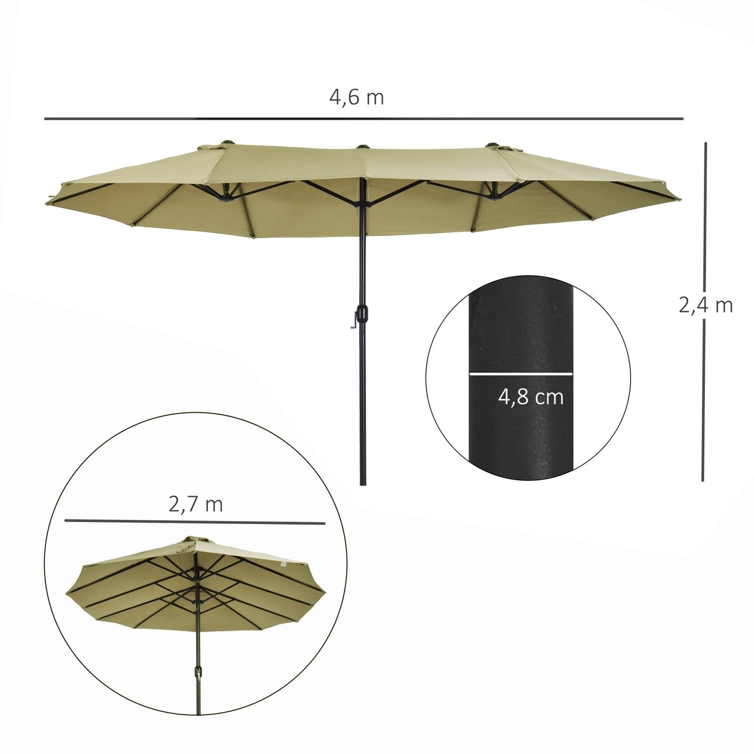 Parasol Market Paraply Dobbelt Parasol Med Håndsving Lys Kaffe Oval 460 X 270 X 240 Cm