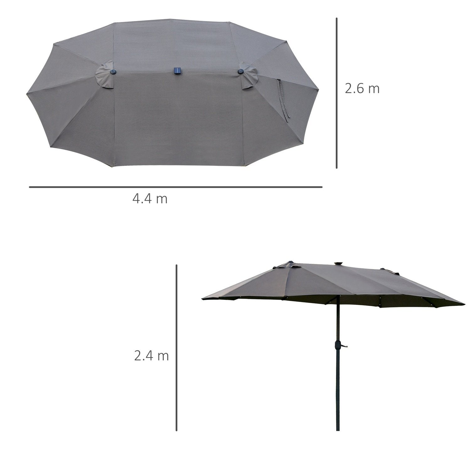 Led Dobbelt Parasol Stor haveparaply 440X260Cm, Håndsving, Oval, Metal, Mørkegrå