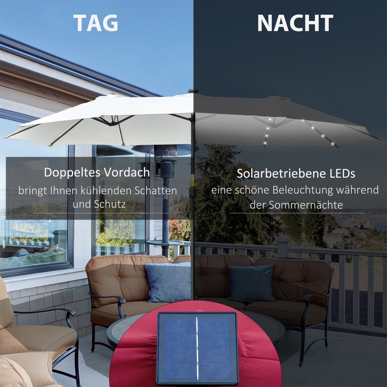 Parasol Med Led Solar 4,5 M Dobbelt Parasol Have Parasol Market Paraply Terrasse Paraply Oval Sort + Creme Hvid