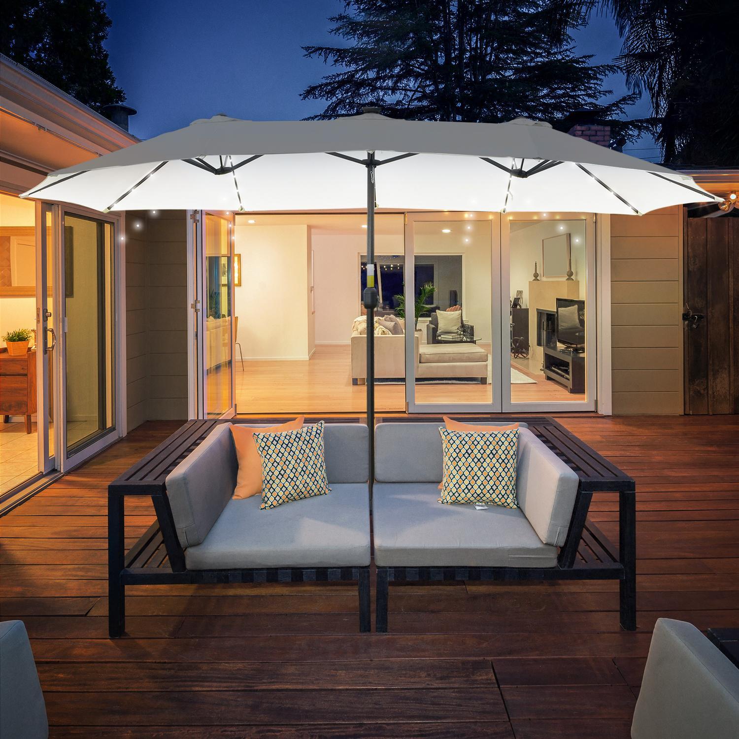 Parasol Med Led Solar 4,5 M Dobbelt Parasol Have Parasol Market Paraply Terrasse Paraply Oval Sort + Creme Hvid