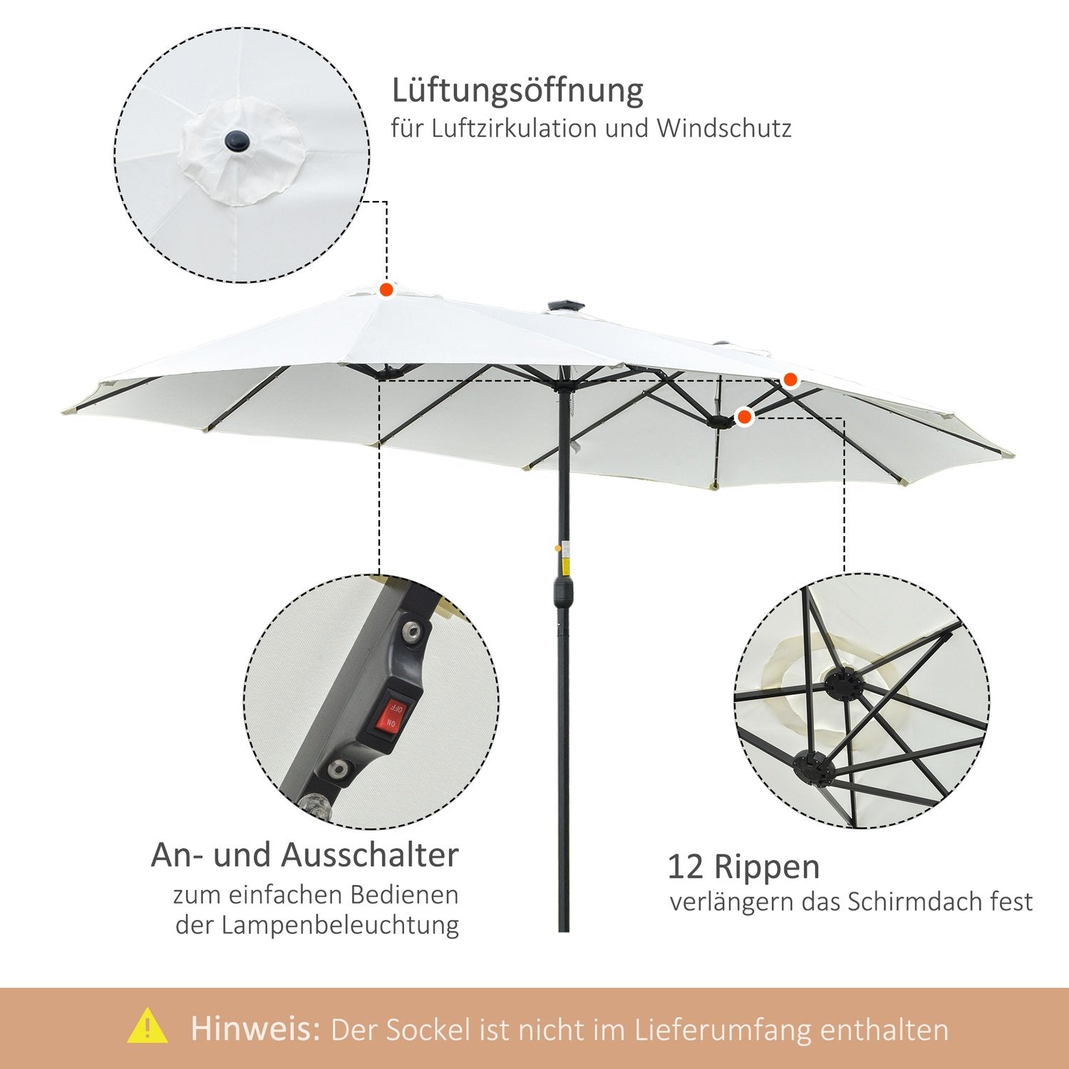 Parasol Med Led Solar 4,5 M Dobbelt Parasol Have Parasol Market Paraply Terrasse Paraply Oval Sort + Creme Hvid