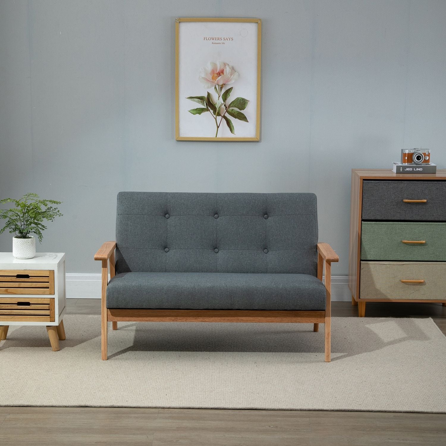 Dobbelt sofabetræk Loveseat, kompakt design, 2-personers, stofsofa, 2-personers, hør &amp; gummitræ, Grå, 115X66,5X73Cm