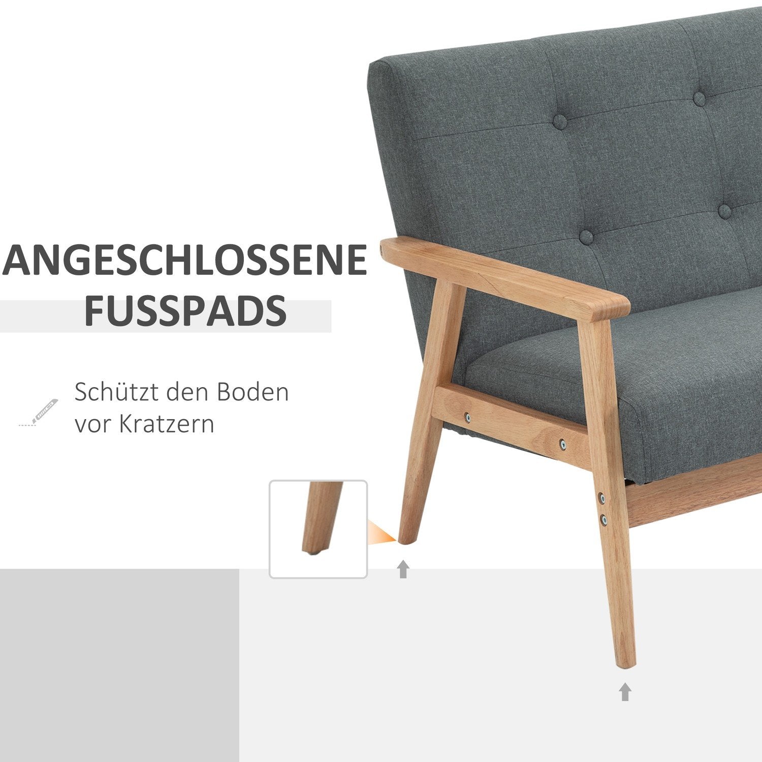 Dobbelt sofabetræk Loveseat, kompakt design, 2-personers, stofsofa, 2-personers, hør &amp; gummitræ, Grå, 115X66,5X73Cm