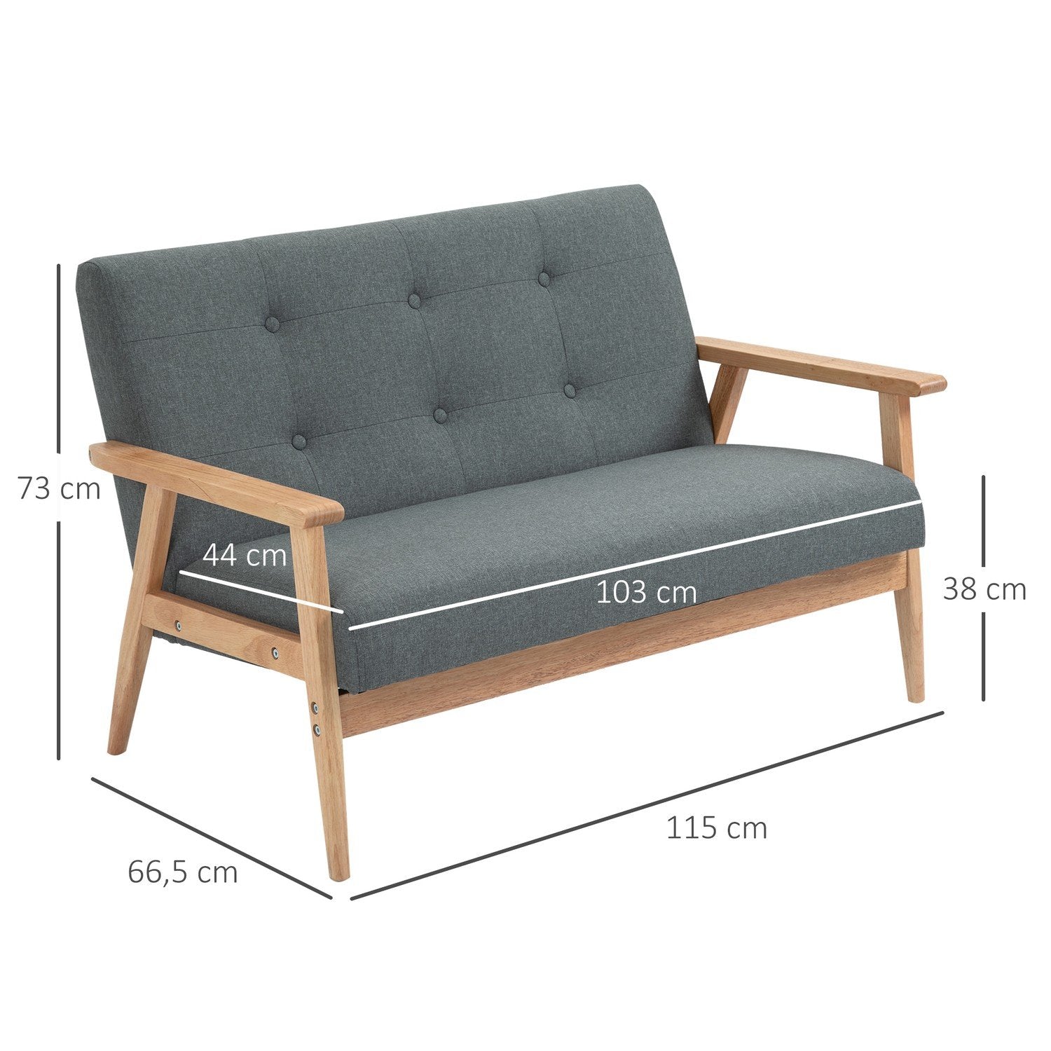 Dobbelt sofabetræk Loveseat, kompakt design, 2-personers, stofsofa, 2-personers, hør &amp; gummitræ, Grå, 115X66,5X73Cm