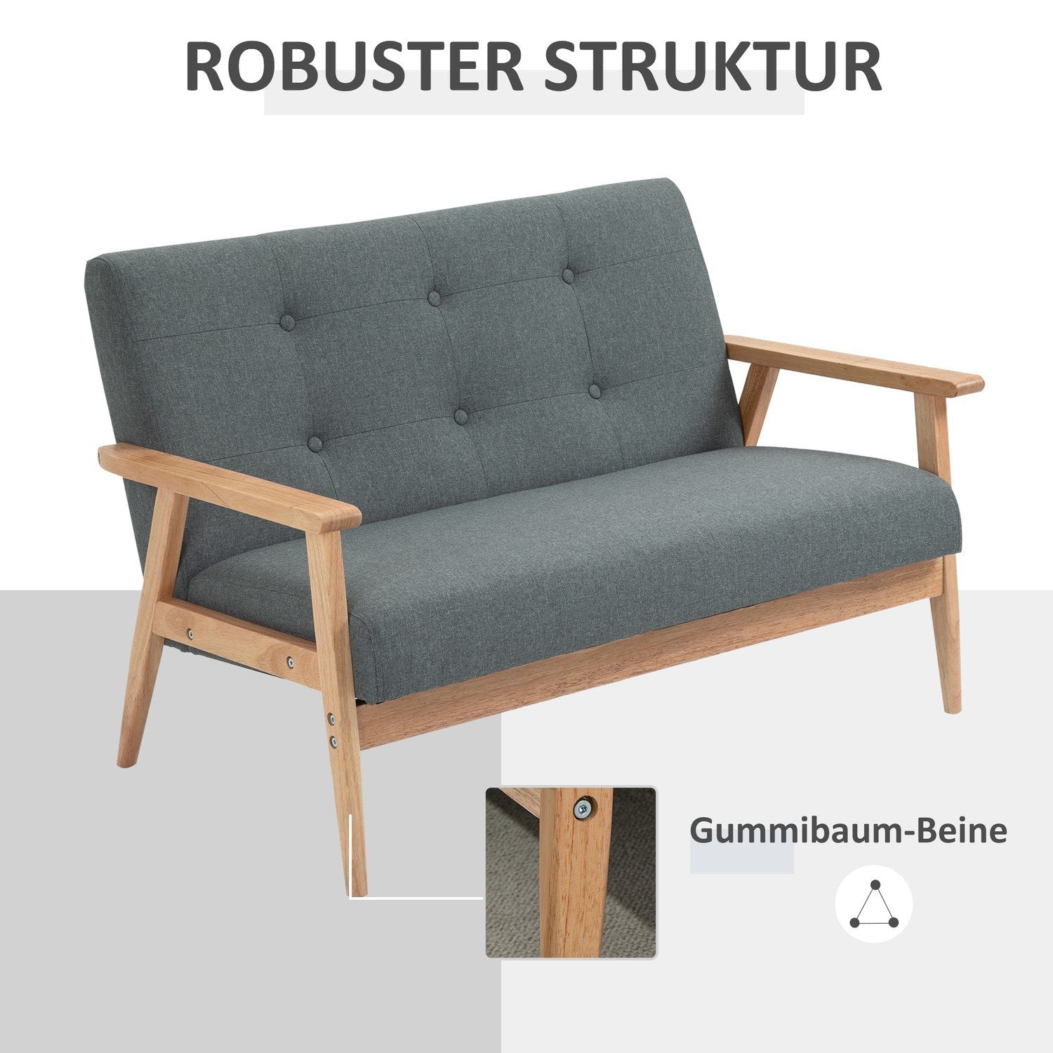 Dobbelt sofabetræk Loveseat, kompakt design, 2-personers, stofsofa, 2-personers, hør &amp; gummitræ, Grå, 115X66,5X73Cm