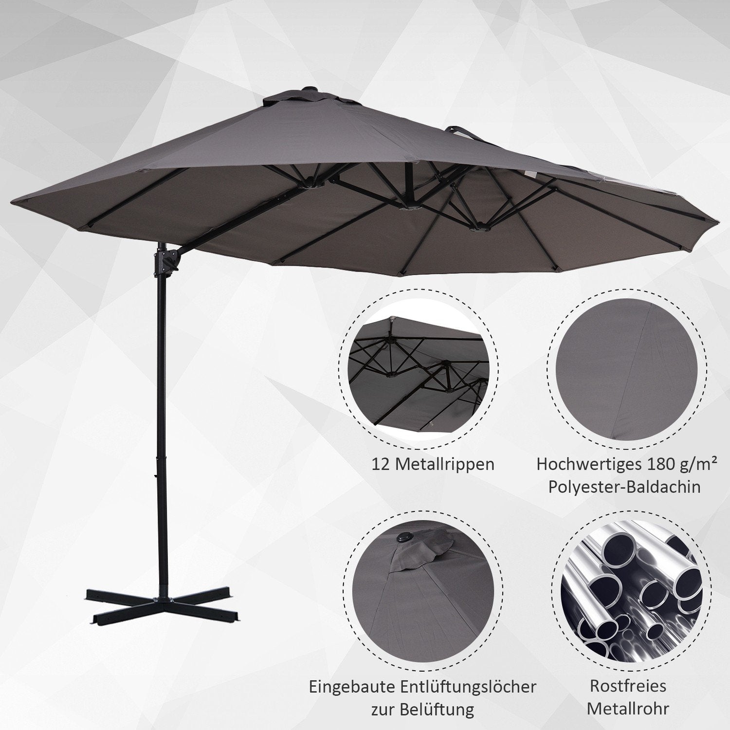 Dobbelt Parasol Cantilever Paraply Med Håndsving Justerbar Haveparaply Solafskærmning Metal Mørkegrå 440 X 270 X 250 Cm