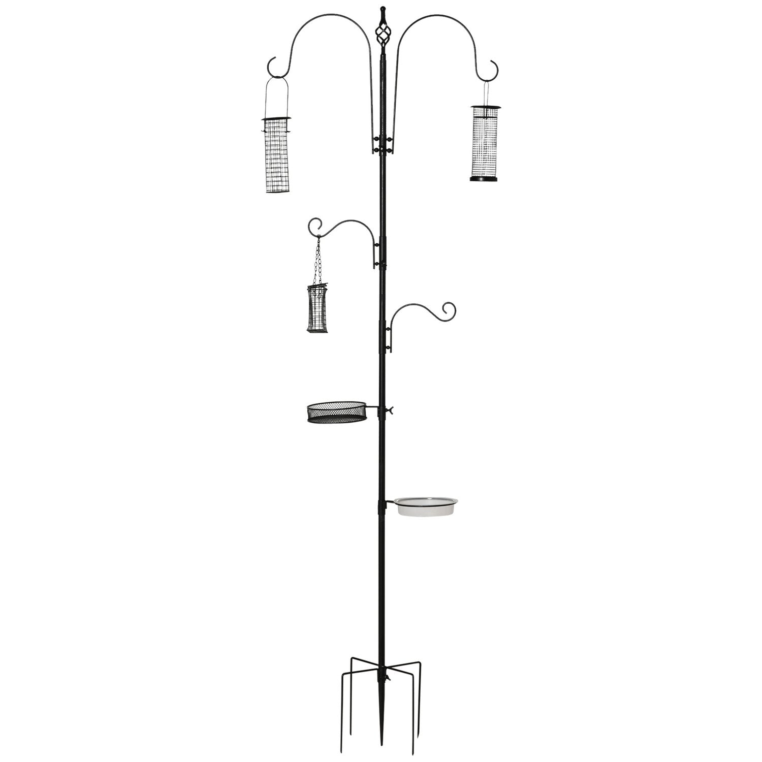 Fuglefoderstation Sæt Fuglebad Foderplade Komplet Feeder Fuglefoderstation Med 4 kroge Stål Sort Højde 208 Cm