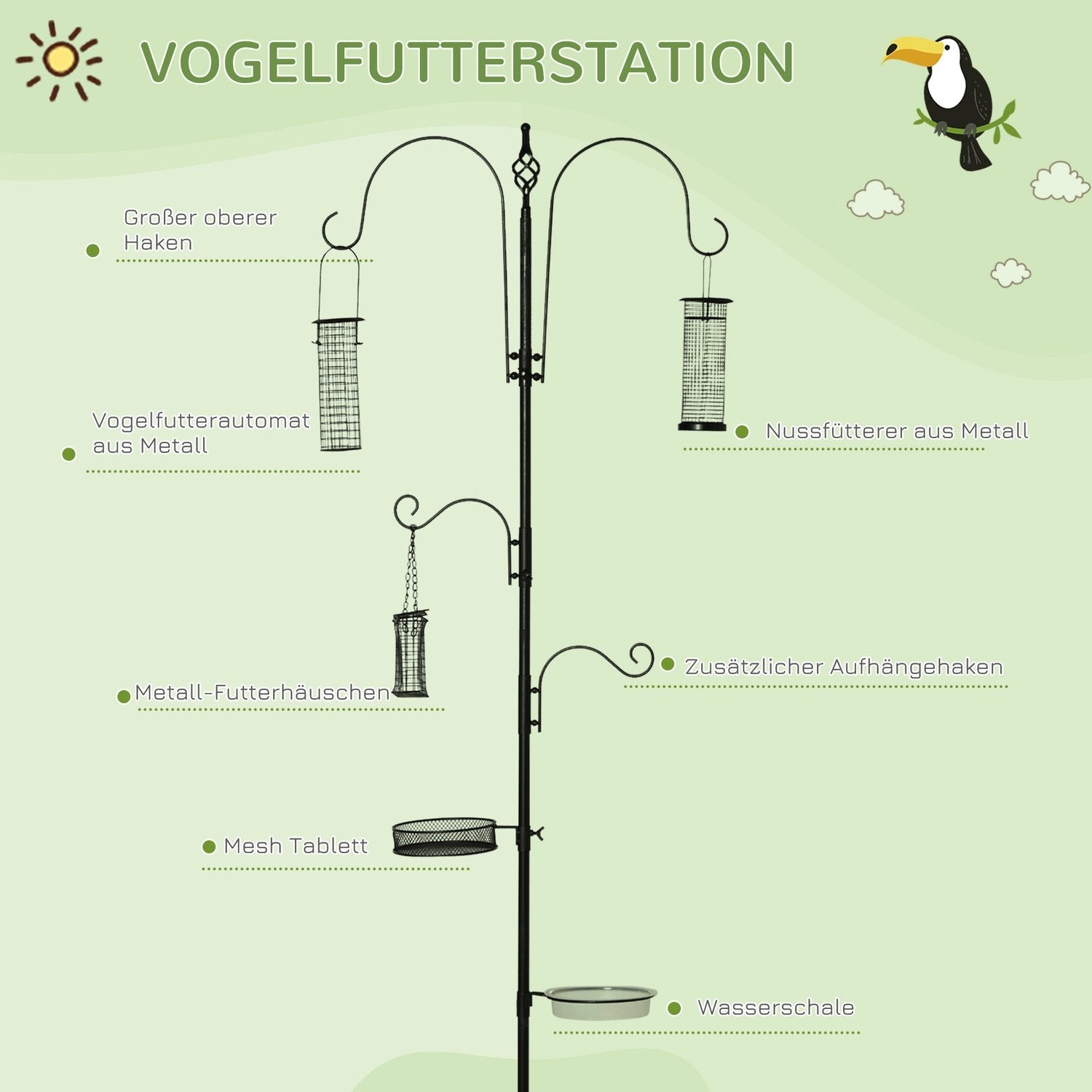 Fågelmatningsstation Set Fågelbad Matningsplatta Komplett Matningspelare Fågelmatningsstation Med 4 Krokar Stål Svart Höjd 208 Cm