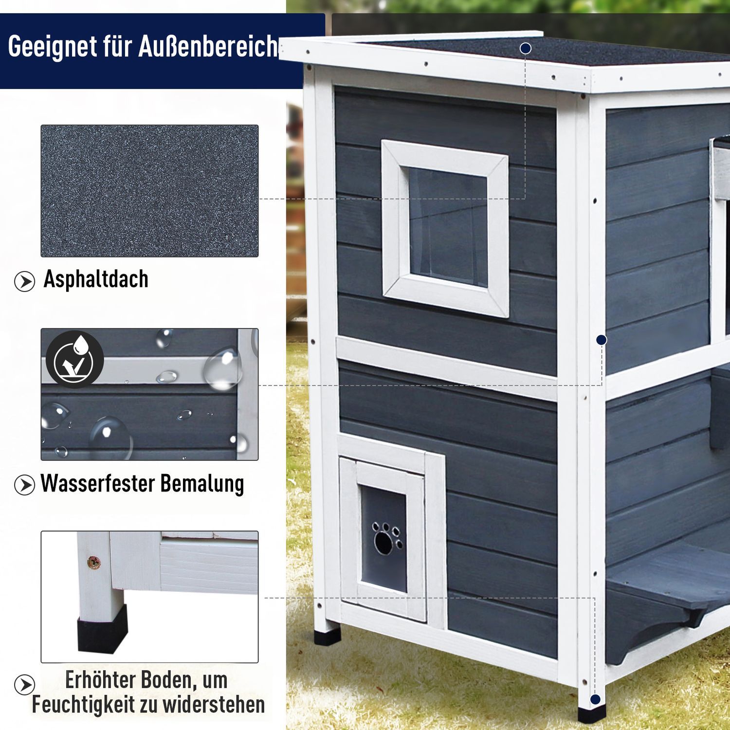 Cat House Grey 2 Level Cat Villa Med Trappor, Asfalttak Och Fönster, Gran, 51X51X81,3Cm