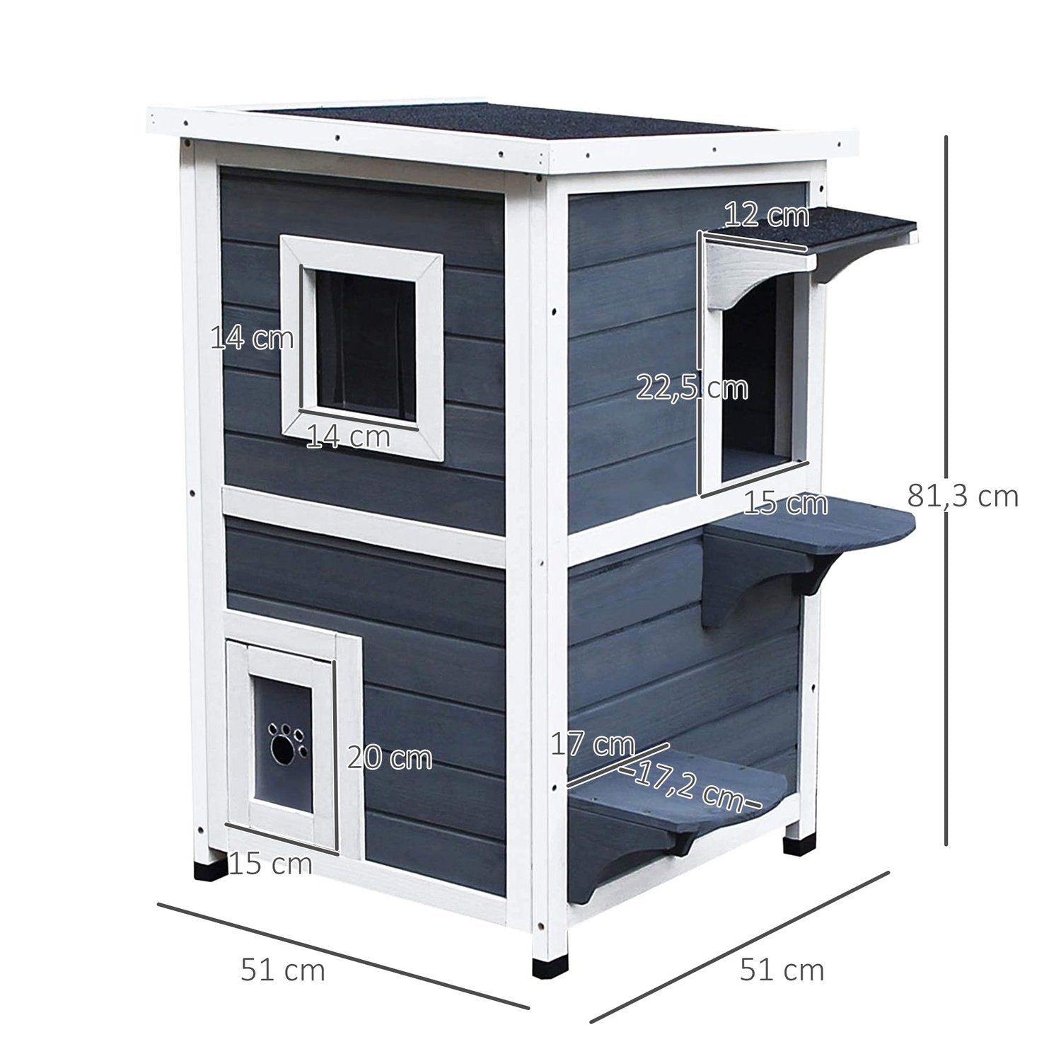 Cat House Grey 2 Level Cat Villa Med Trappor, Asfalttak Och Fönster, Gran, 51X51X81,3Cm