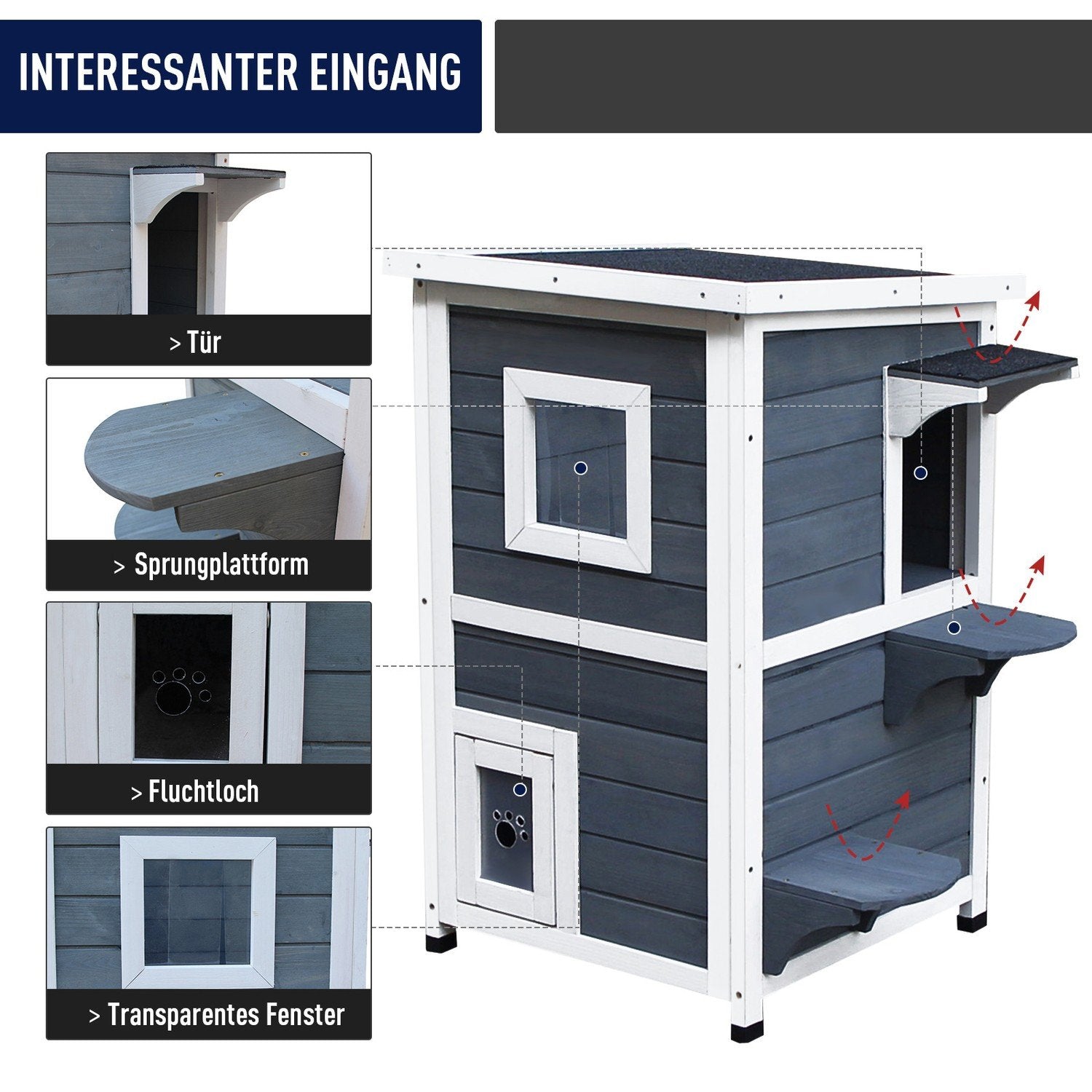 Cat House Grey 2 Level Cat Villa Med Trappor, Asfalttak Och Fönster, Gran, 51X51X81,3Cm