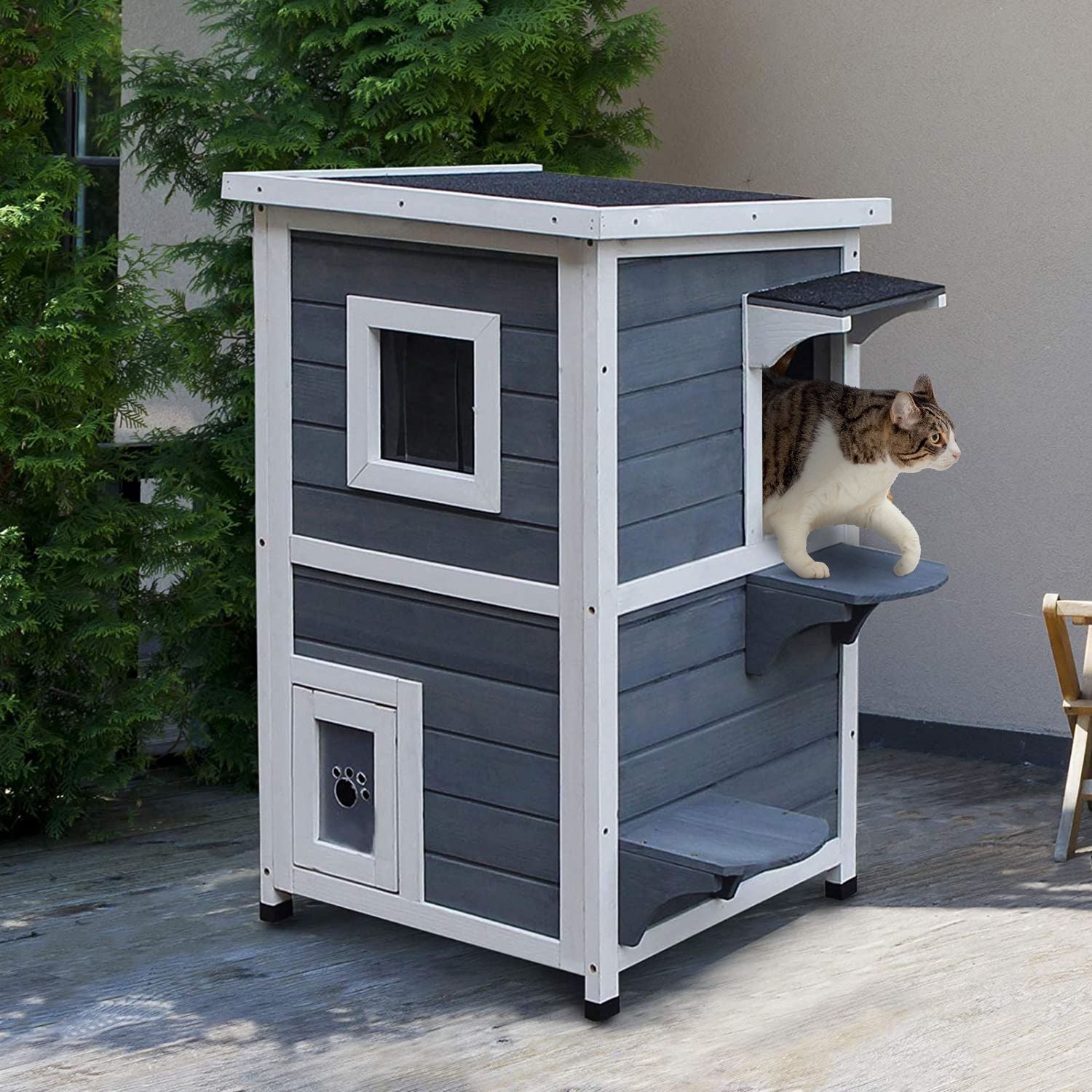 Cat House Grey 2 Level Cat Villa Med Trappor, Asfalttak Och Fönster, Gran, 51X51X81,3Cm