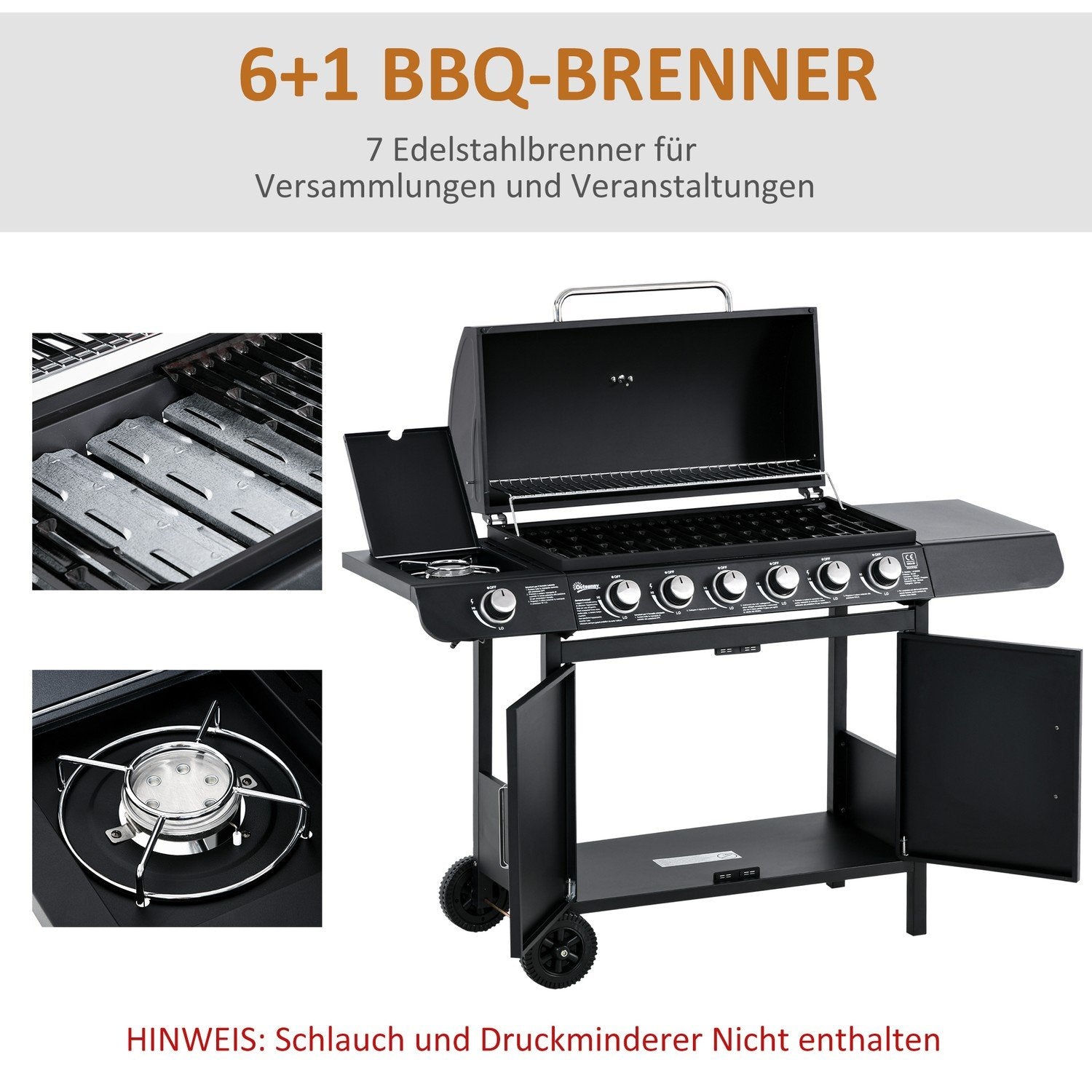 Gasgrill Bbq Grillvogn med 6 brændere 1 sidebrænderskab Multifunktion Metal Sort 135 X 50 X 100 Cm