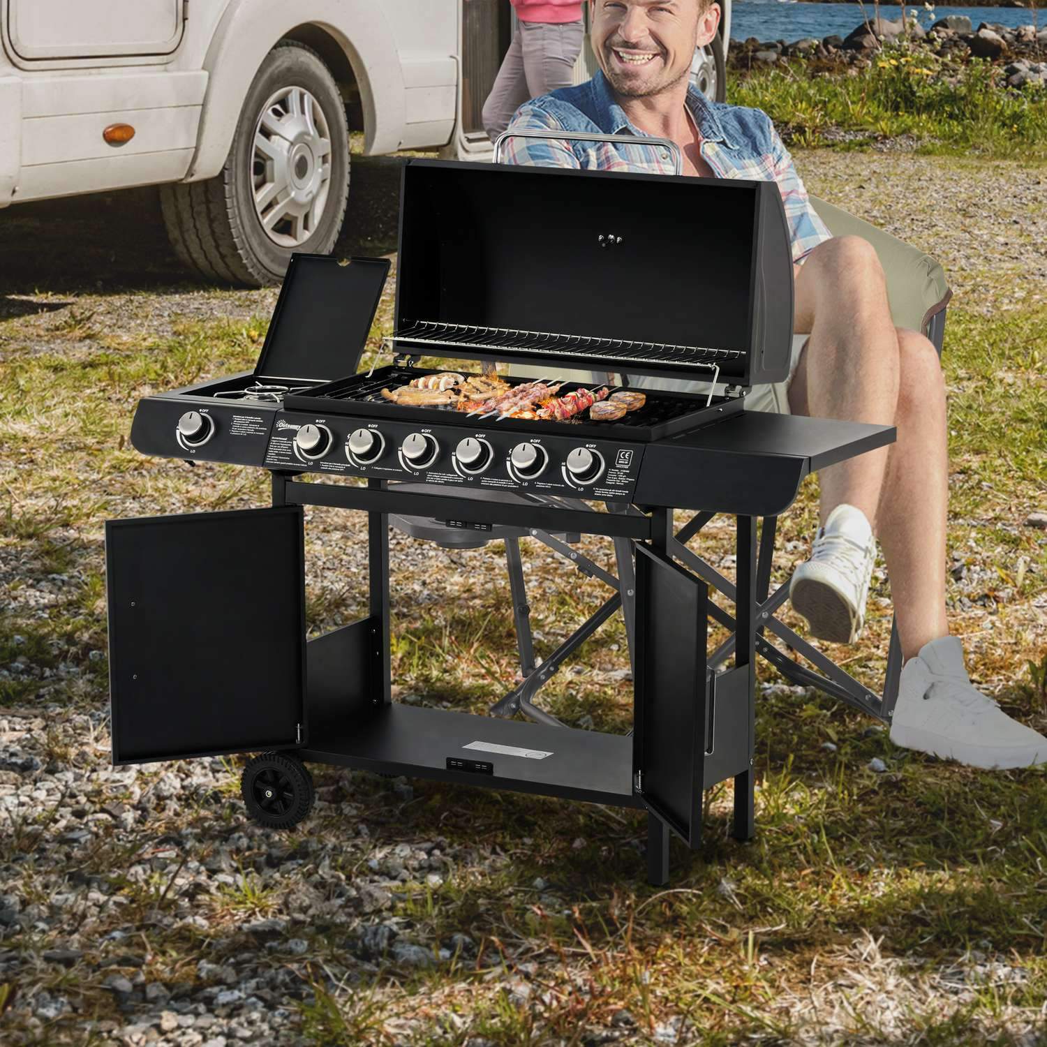 Gasgrill Bbq Grillvogn med 6 brændere 1 sidebrænderskab Multifunktion Metal Sort 135 X 50 X 100 Cm