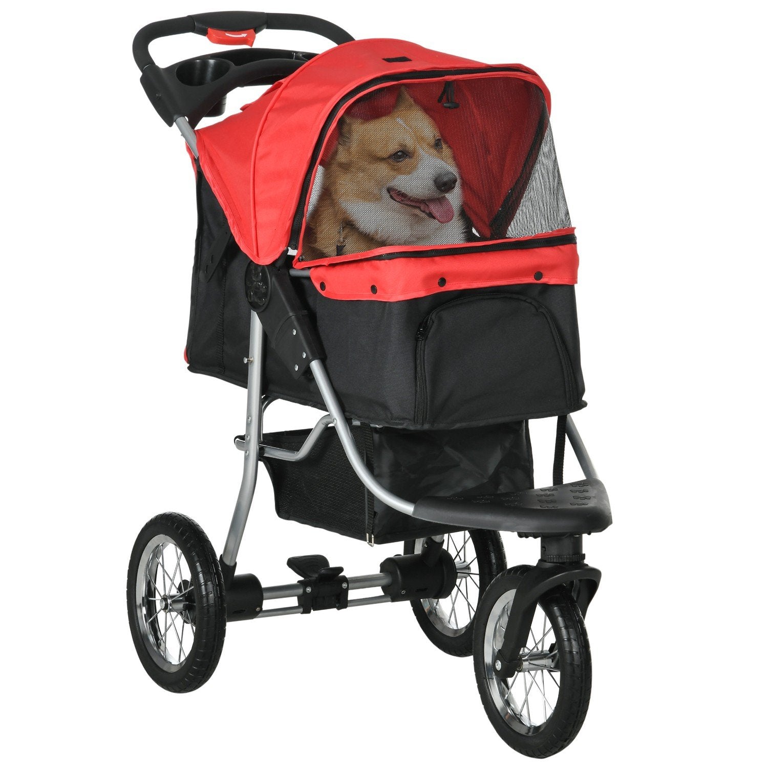 Hundeklapvogn Hundebuggy Kat Buggy kæledyrsklapvogn med 3 hjul Sammenklappelig Hundekat Oxford Rød + Sort 109,5 X 54,5 X 106,5 Cm