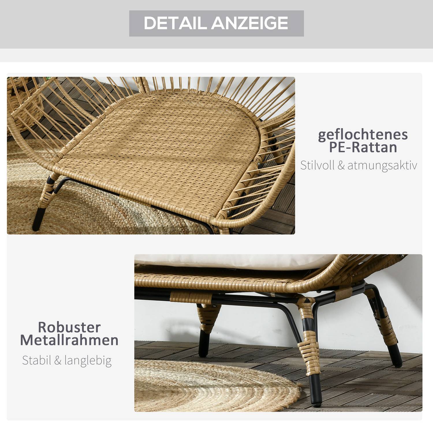 Wicker Rattan Stol Rattan Stol Med Sædehynde Hævet Havestol Til Altan Terrasse Metal Khaki 105 X 97 X 150 Cm