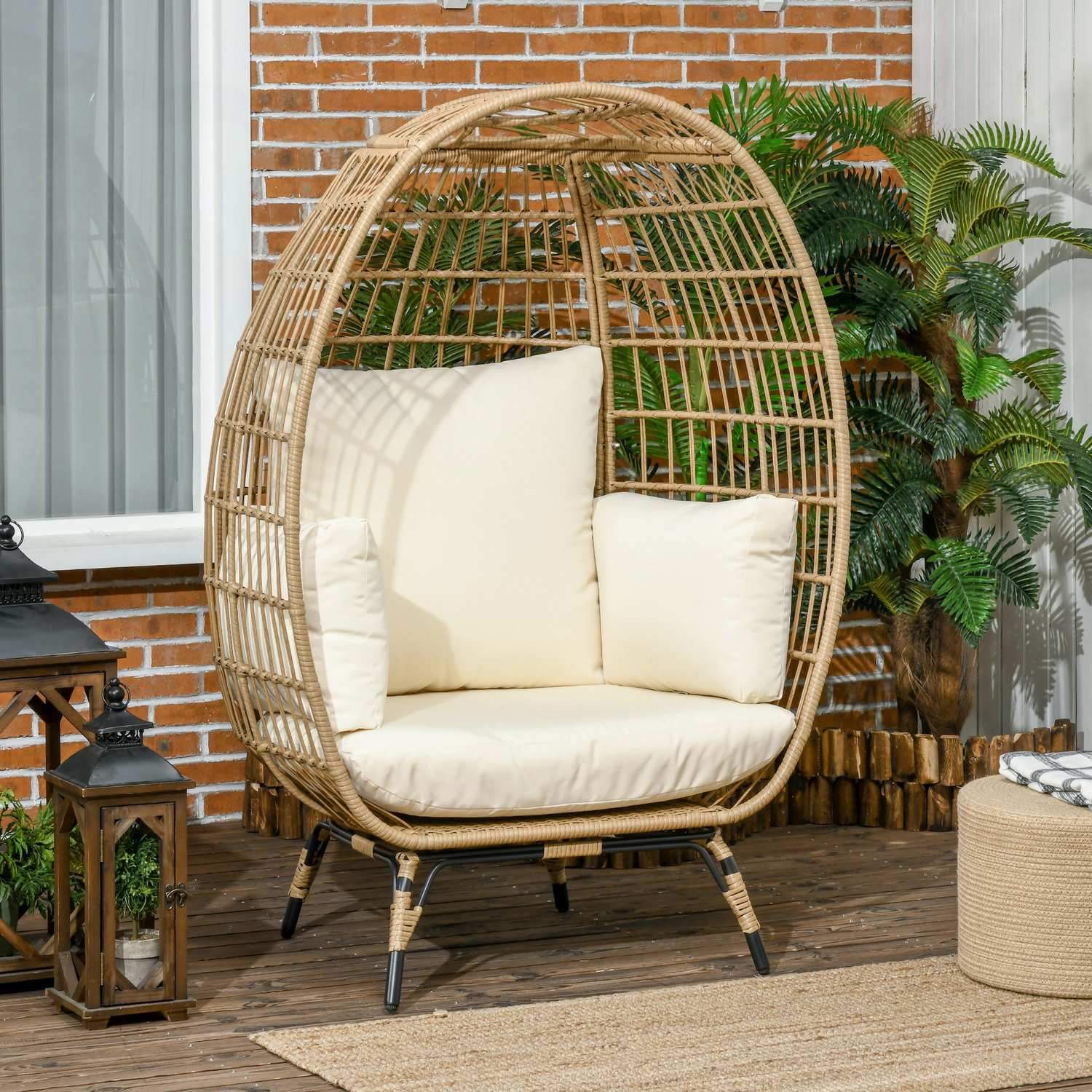 Wicker Rattan Stol Rattan Stol Med Sædehynde Hævet Havestol Til Altan Terrasse Metal Khaki 105 X 97 X 150 Cm