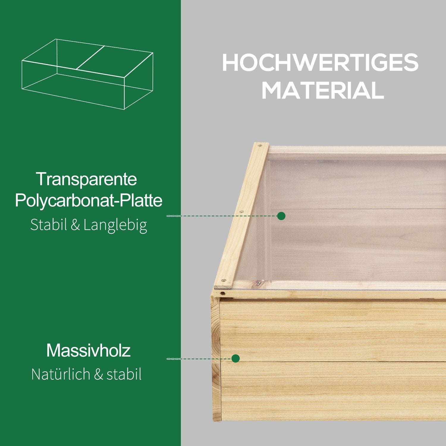 Drivhus trækoldrammekasse, drivhus- og haveplantekassesystem, 100X50X35 cm, natur, gran, pc-bræt