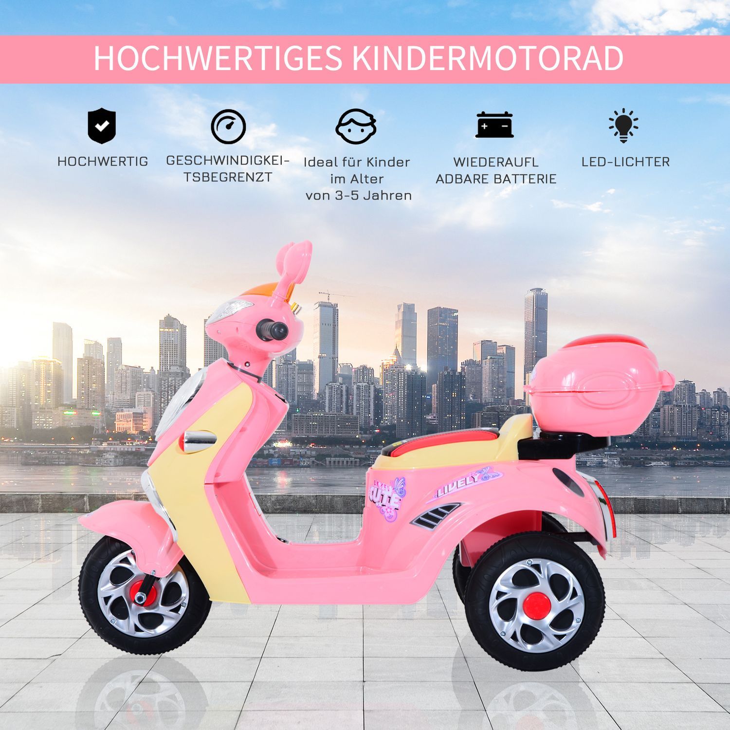 Elektrisk motorcykel til børn Elektrisk motorcykel Elektrisk bil til børn Trehjulet cykel til børn, 6V, Metal+Pp, 108X51X75Cm (Pink+Gul)