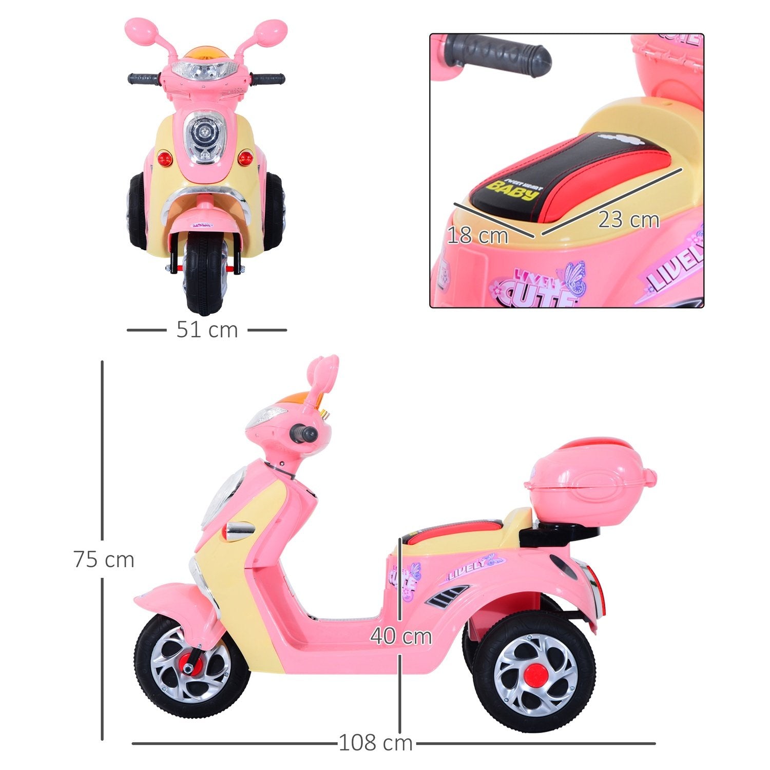 Elektrisk motorcykel til børn Elektrisk motorcykel Elektrisk bil til børn Trehjulet cykel til børn, 6V, Metal+Pp, 108X51X75Cm (Pink+Gul)