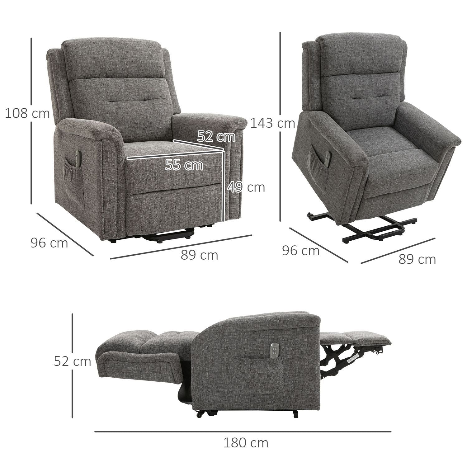 Elektrisk ståstol, tv-stol, afslapningsstol med lænefunktion, seniorstol med fjernbetjening, bæreevne op til 170 kg, grå, 89X96X108 cm