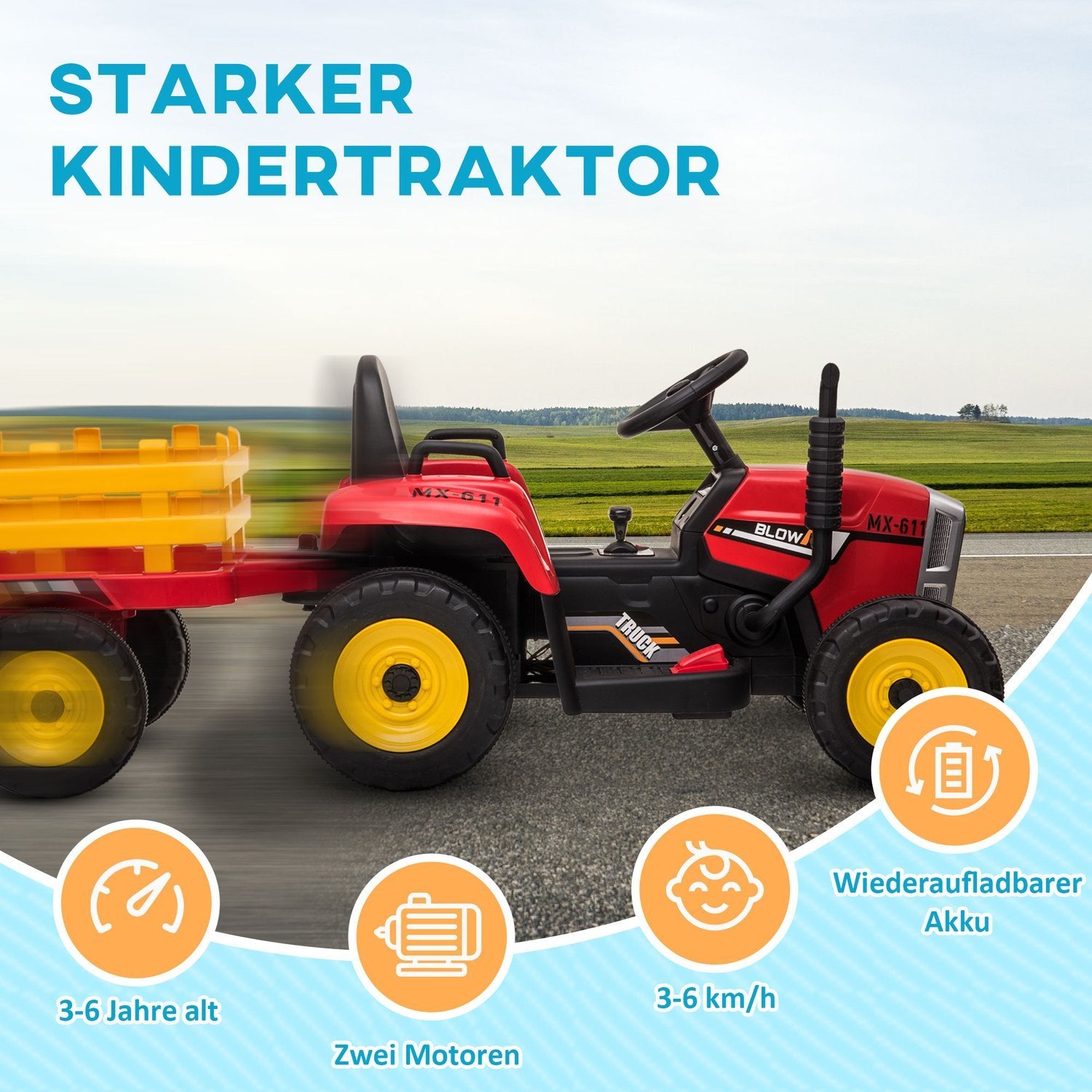 El Traktor Elbil Til Børn Med Trailer, Fjernbetjening, Mp3, Forlygter, 3-6Km/H, Rød