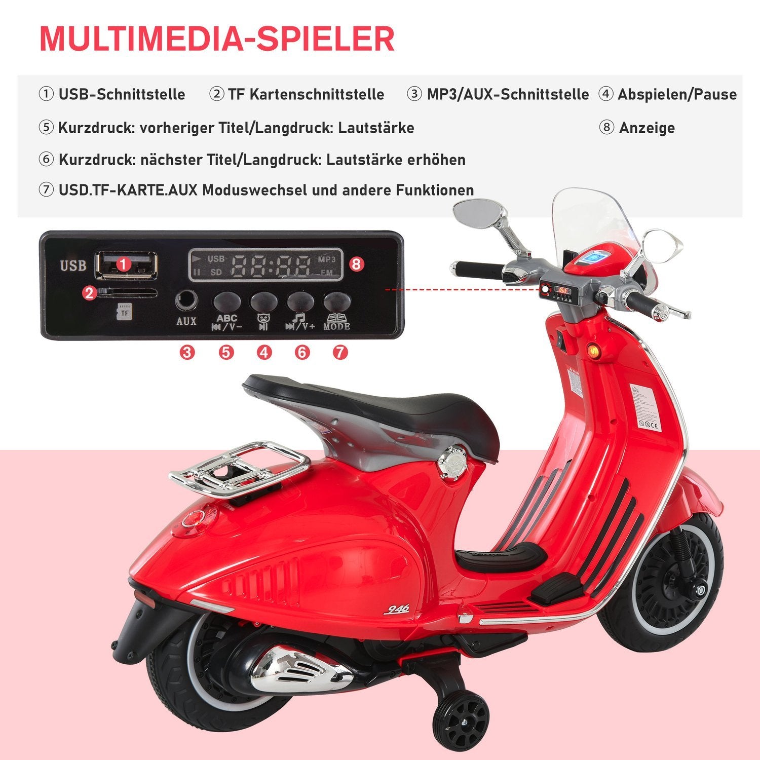 El-køretøj, børne-køretøj, børne-motorcykel, el-motorcykel med mp3-musiklys, 3-6 år, pp, rød, 108 x 49 x 75 cm