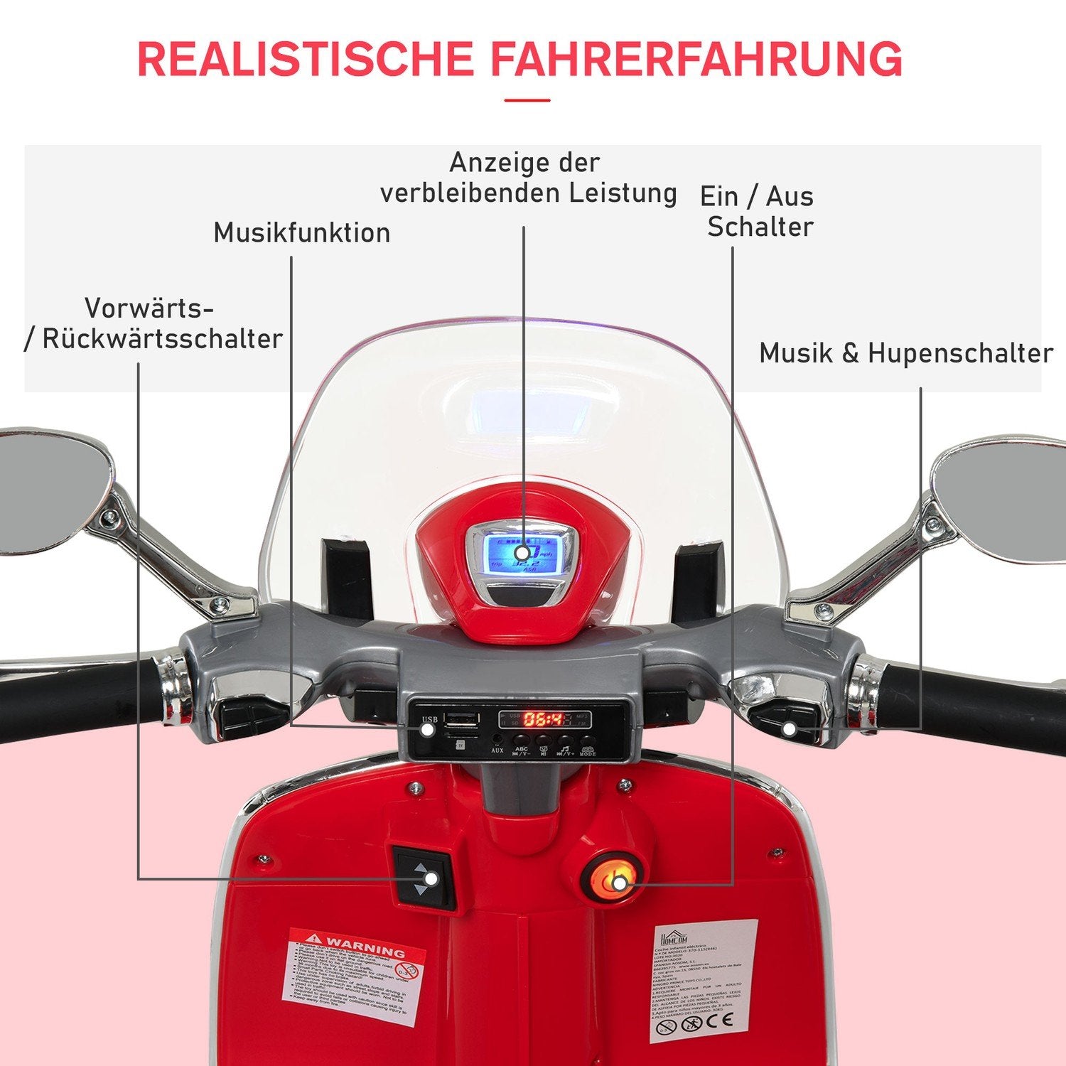 El-køretøj, børne-køretøj, børne-motorcykel, el-motorcykel med mp3-musiklys, 3-6 år, pp, rød, 108 x 49 x 75 cm